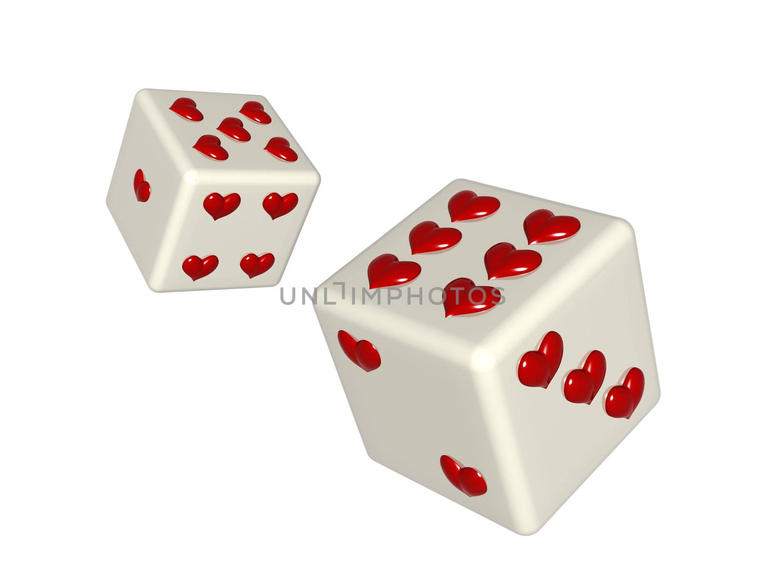 two 3d grey dice with red hearts isolated