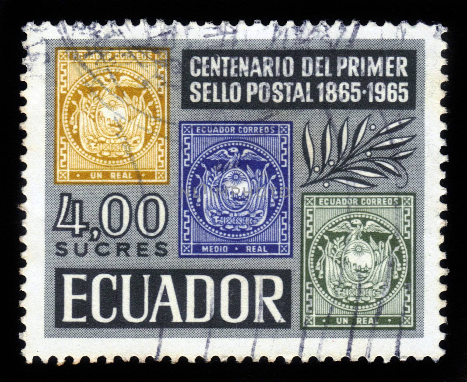 Ecuador - CIRCA 1965: A stamp printed in Ecuador shows national coat of arms of Ecuador, dedicated to the centennial of mail of Ecuador, circa 1965