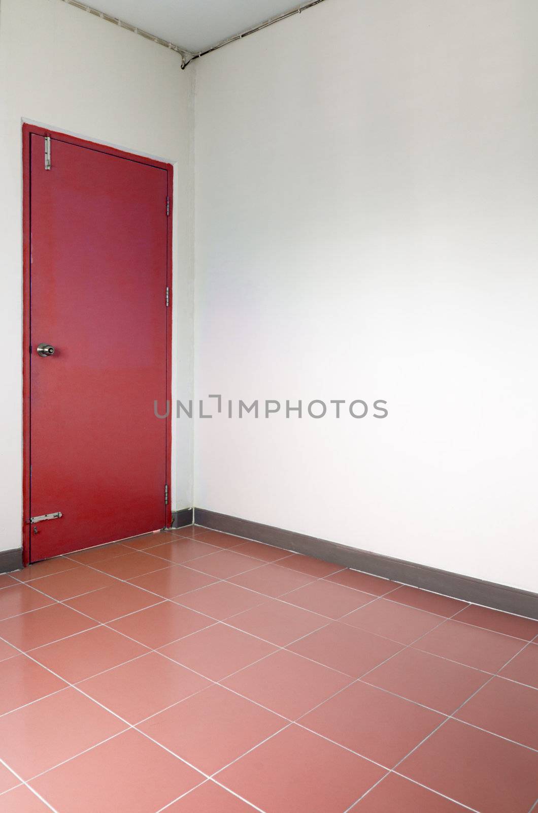 Red door corner white room and ceramic floor