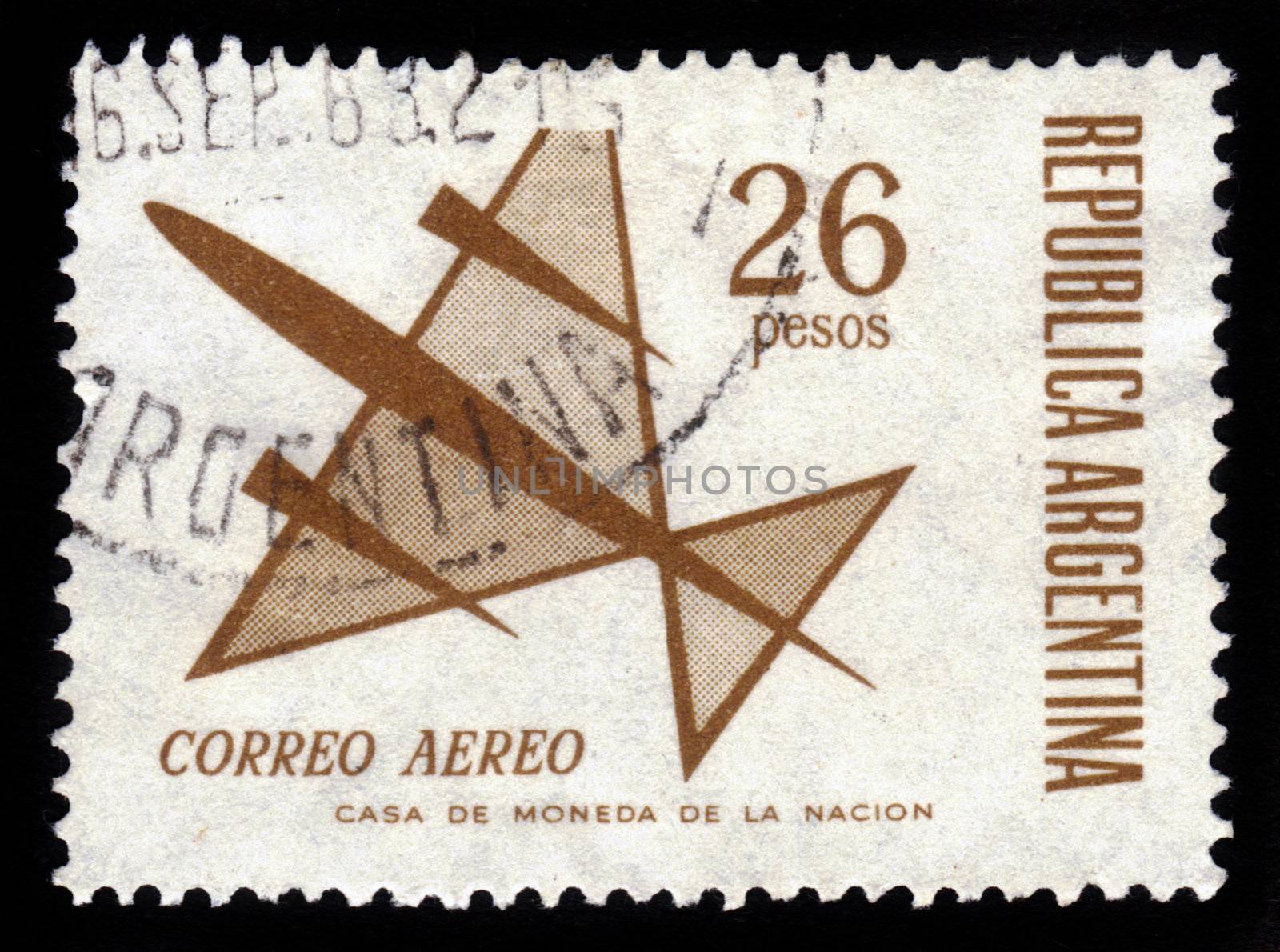 ARGENTINA - CIRCA 1963: A stamp printed in Argentina shows flight of symbolic airplane , brown, circa 1963.