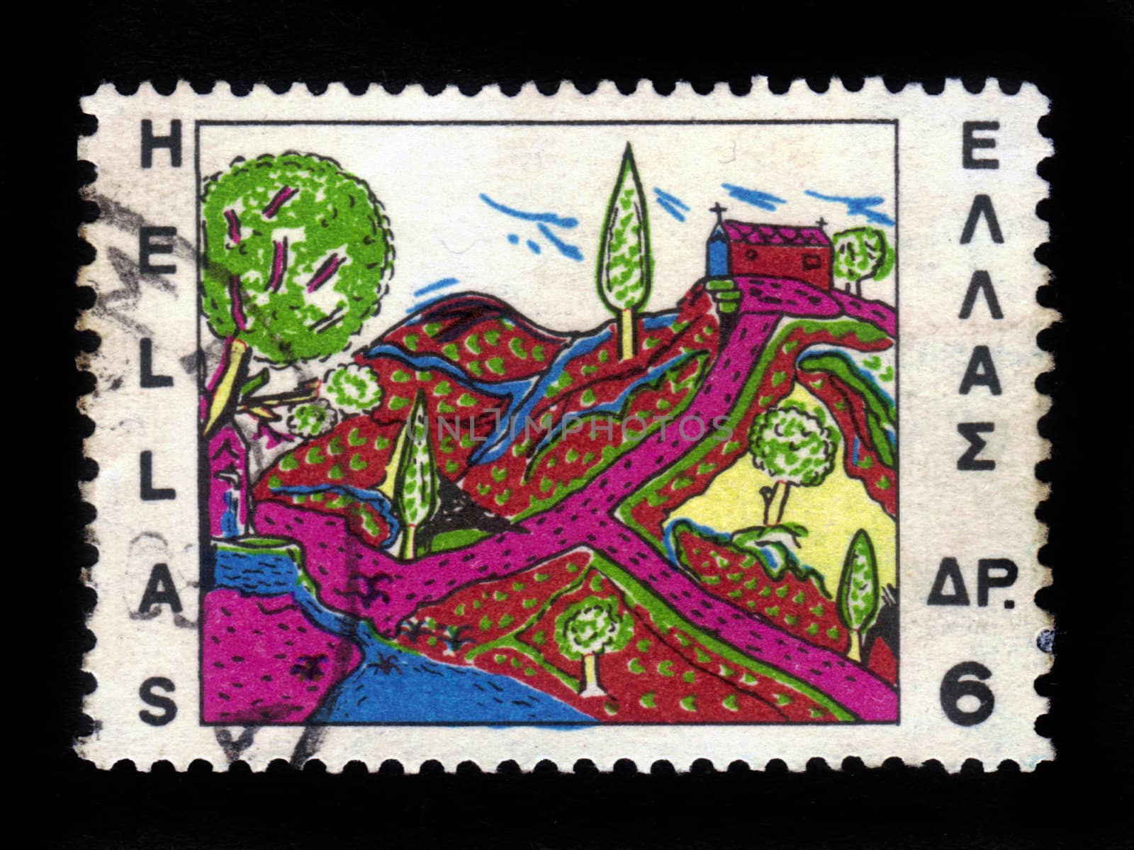 GREECE - CIRCA 1966: stamp printed by Greece, shows popular art, temple on the hill, circa 1966