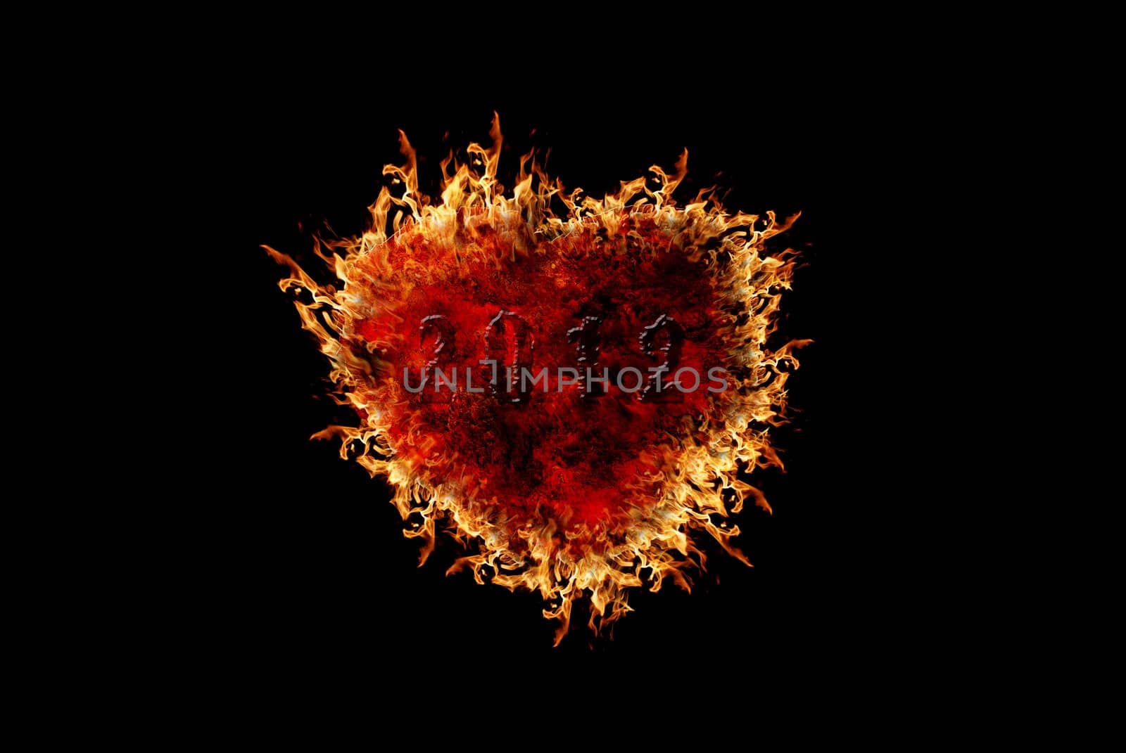 Burning heart with flame effect and black isolated background, can be use for various love related concepts, design and print out.