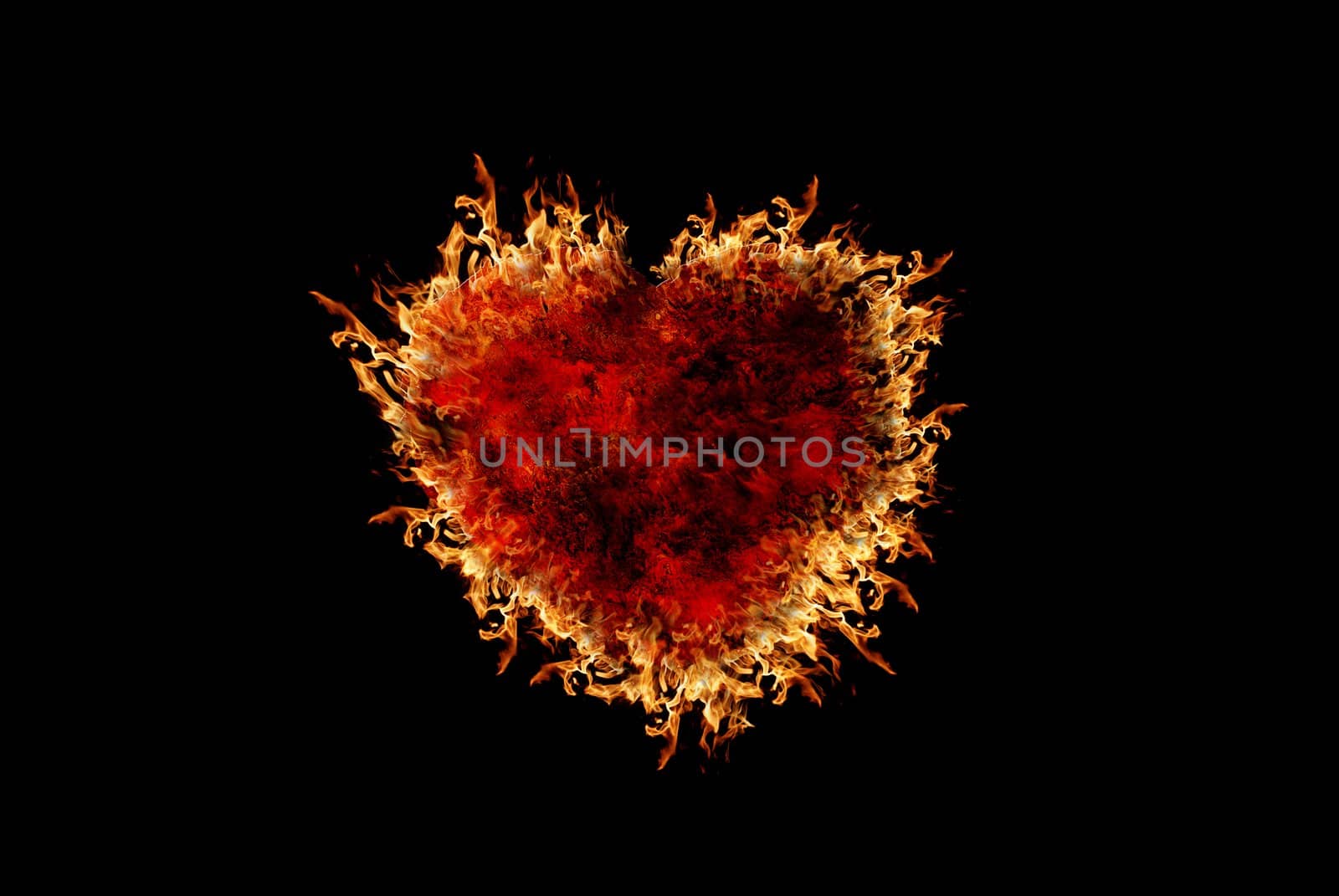 Burning heart with flame effect and black isolated background, can be use for various love related concepts, design and print out.