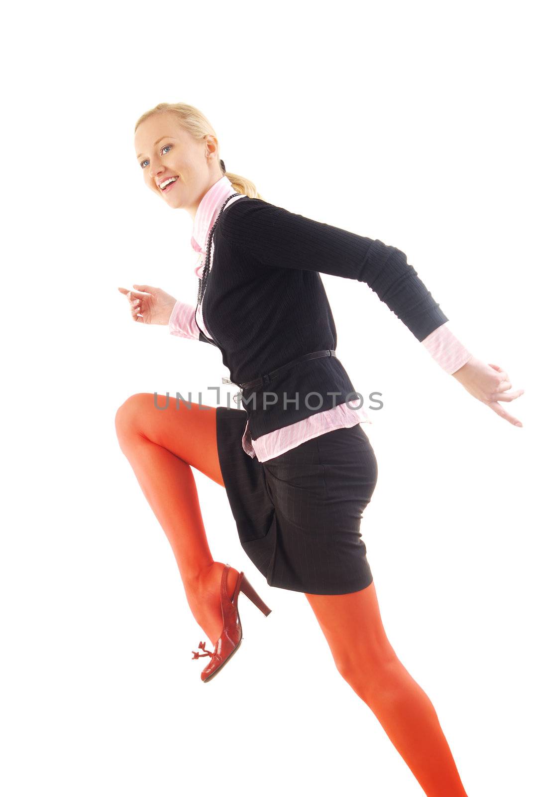 Dancing and jumping successful businesswoman