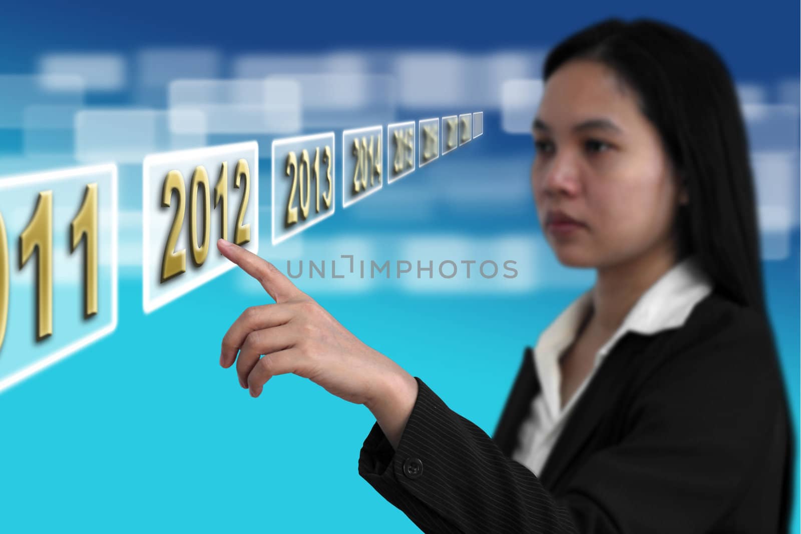 Business woman point to Year 2012 on touch screen interface