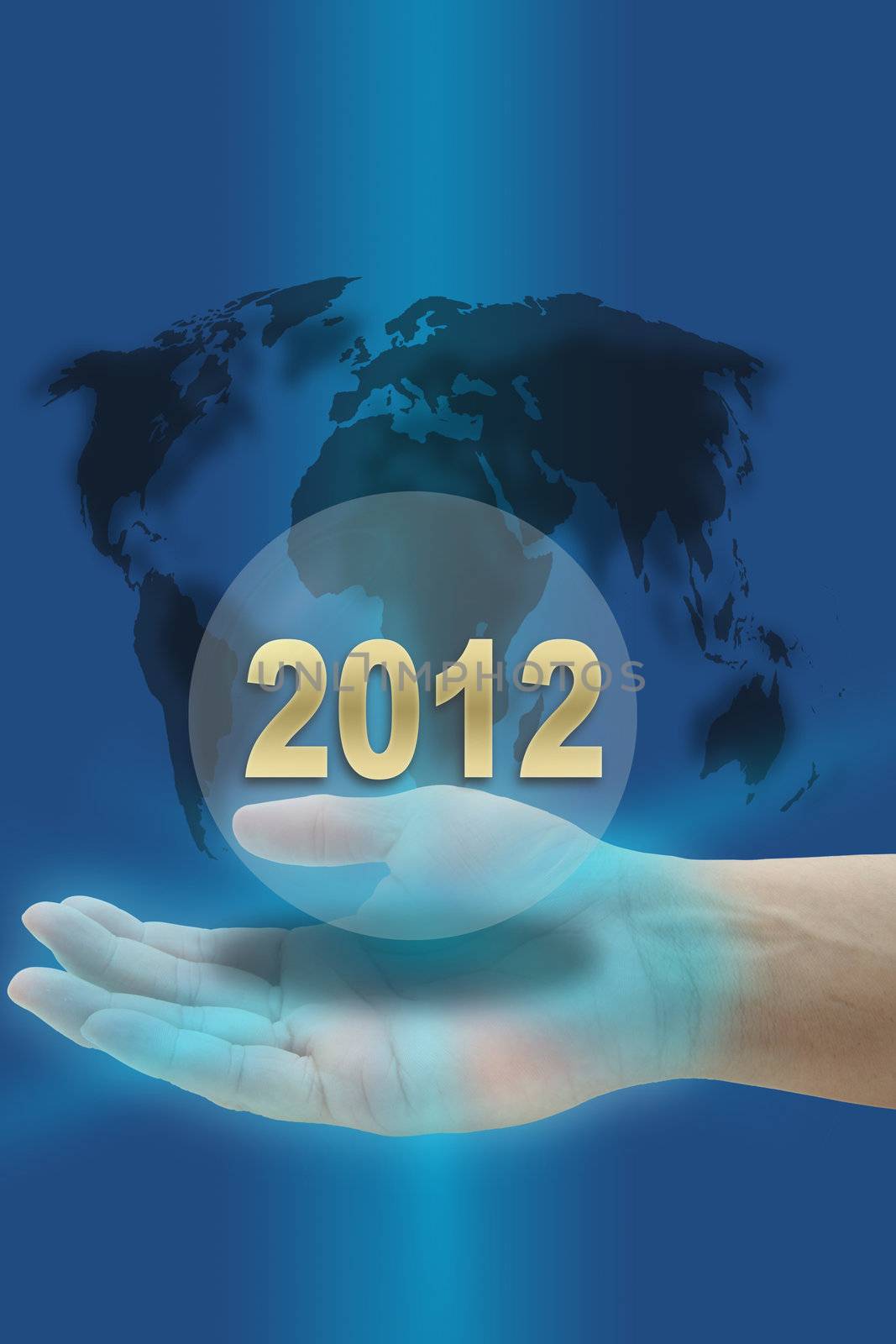 hand hold Happy New Year 2012 with world map