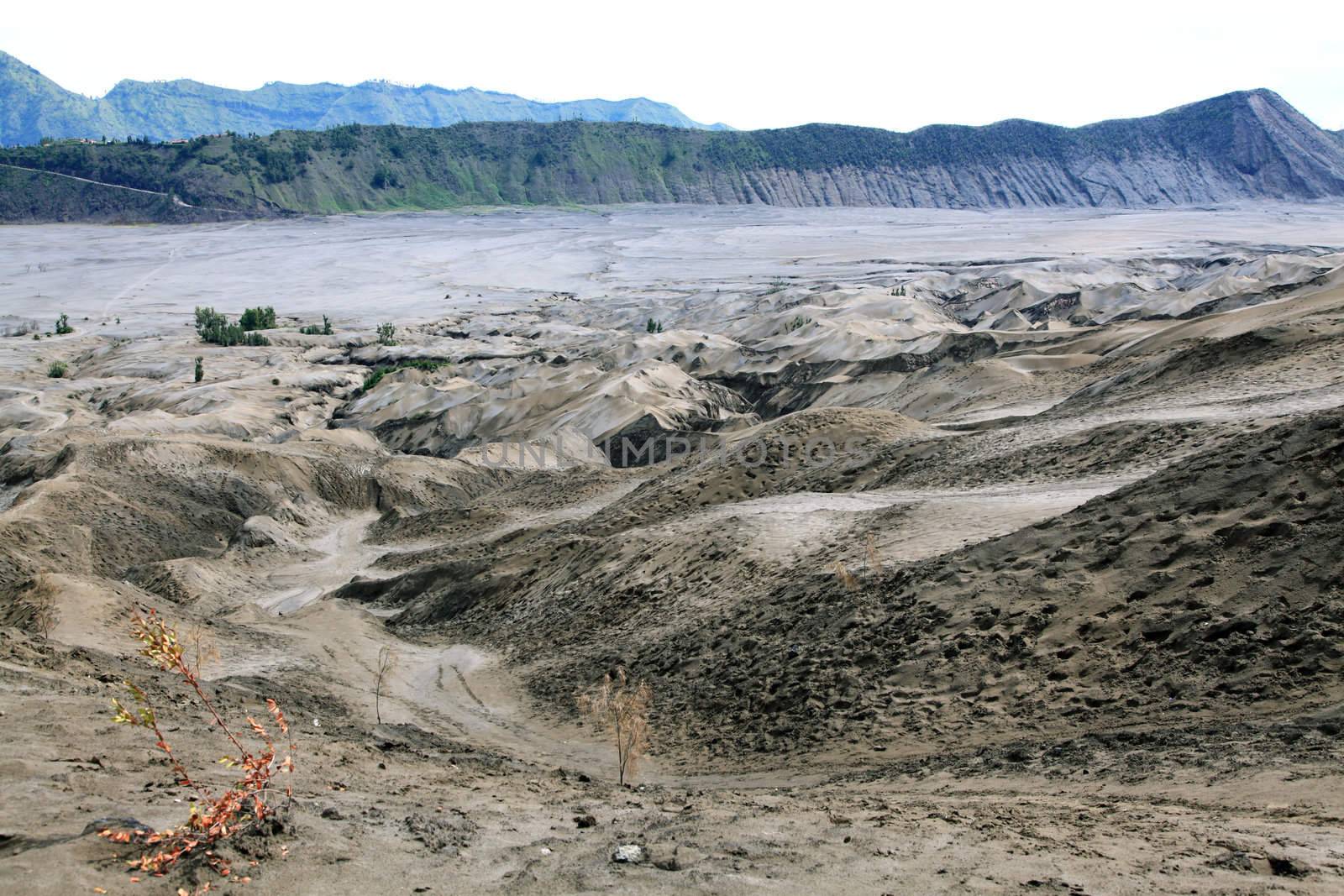 Desert Sand Dune Mountain Landscape of Bromo Volcano crater, East Java Island Indonesia
