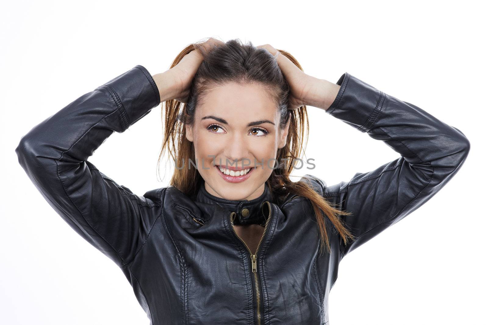 beautiful long brown hair woman with hand in hair