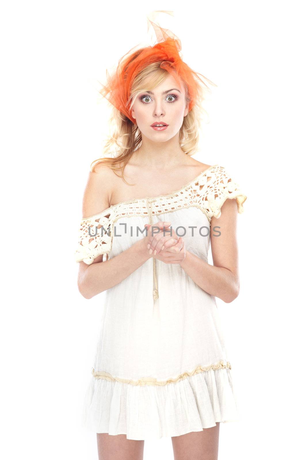 Woman expressing astonishment and surprise on a white background
