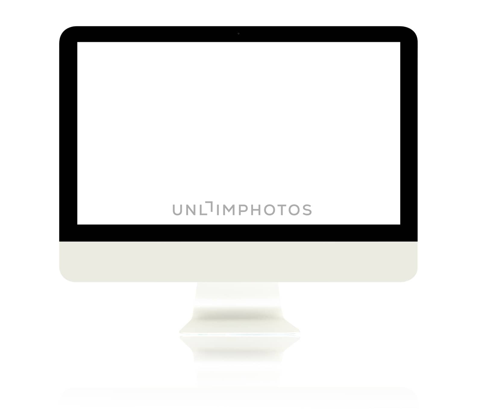 Computer Monitor and its reflection with blank white screen isolated on white background.