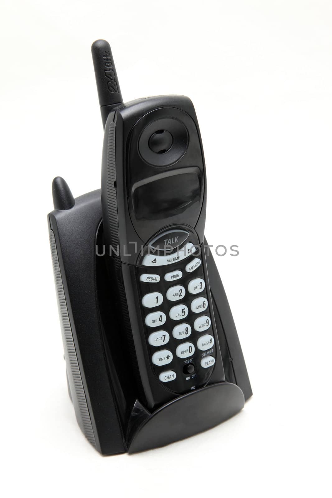 isolated black cordless phone on white side perspective