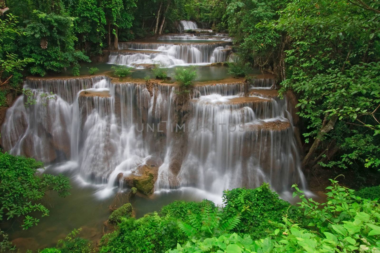 Huay Mae Khamin Waterfall Forth Level, Paradise waterfall in Tropical rain forest of Thailand