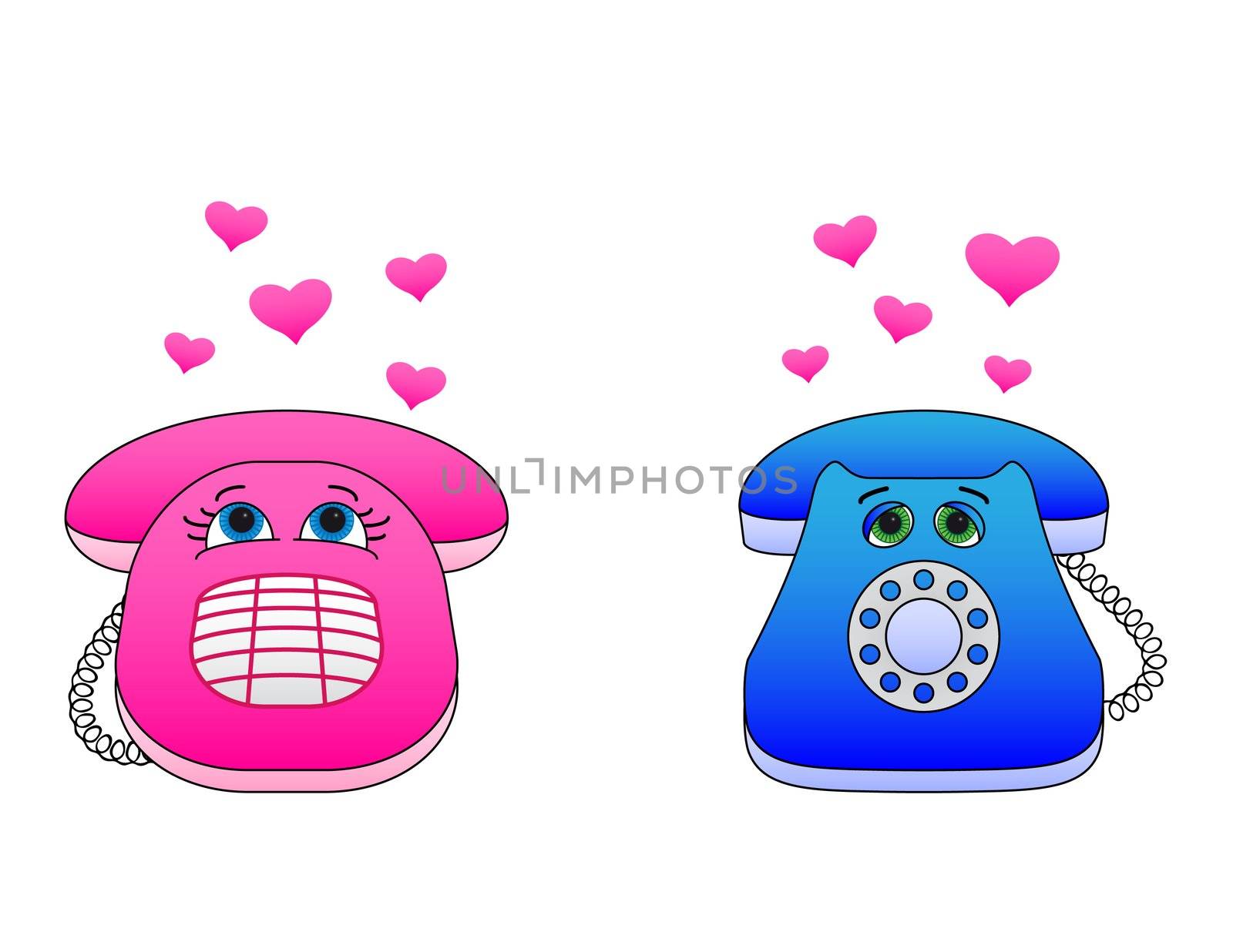 Valentines cartoon: desktop phones, enamoured each other, communicate calls.