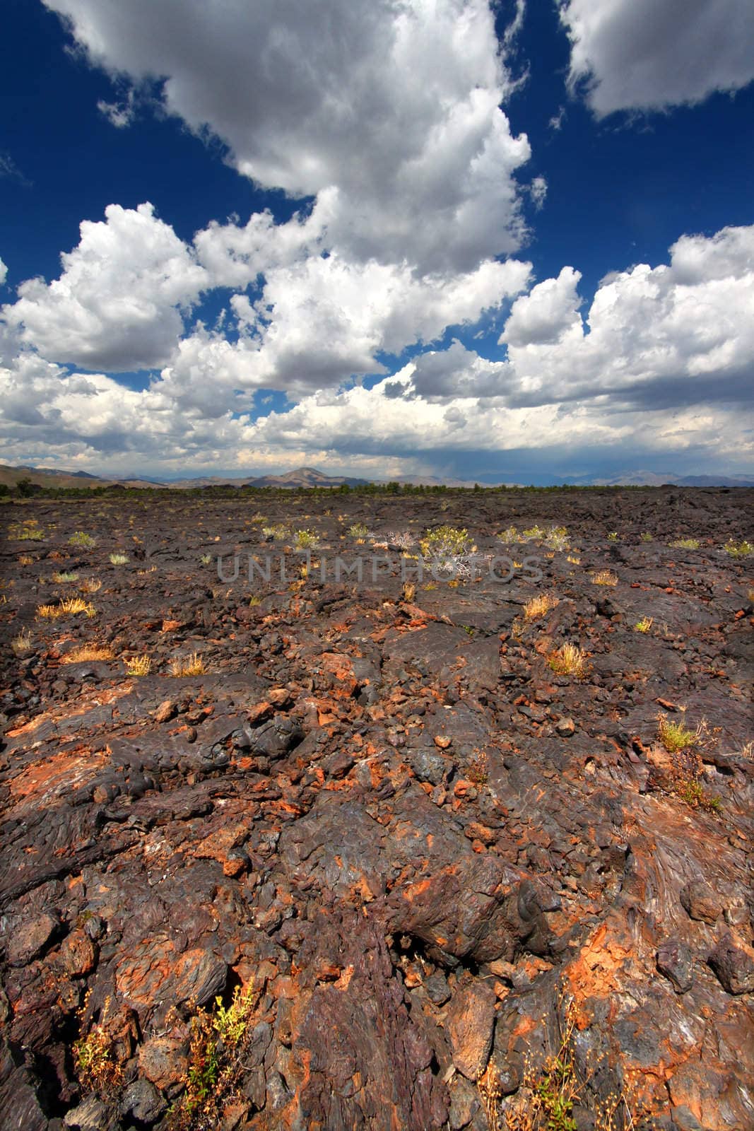 Jagged volcanic rock stretches far into the landscape at Craters of the Moon National Monument of Idaho.