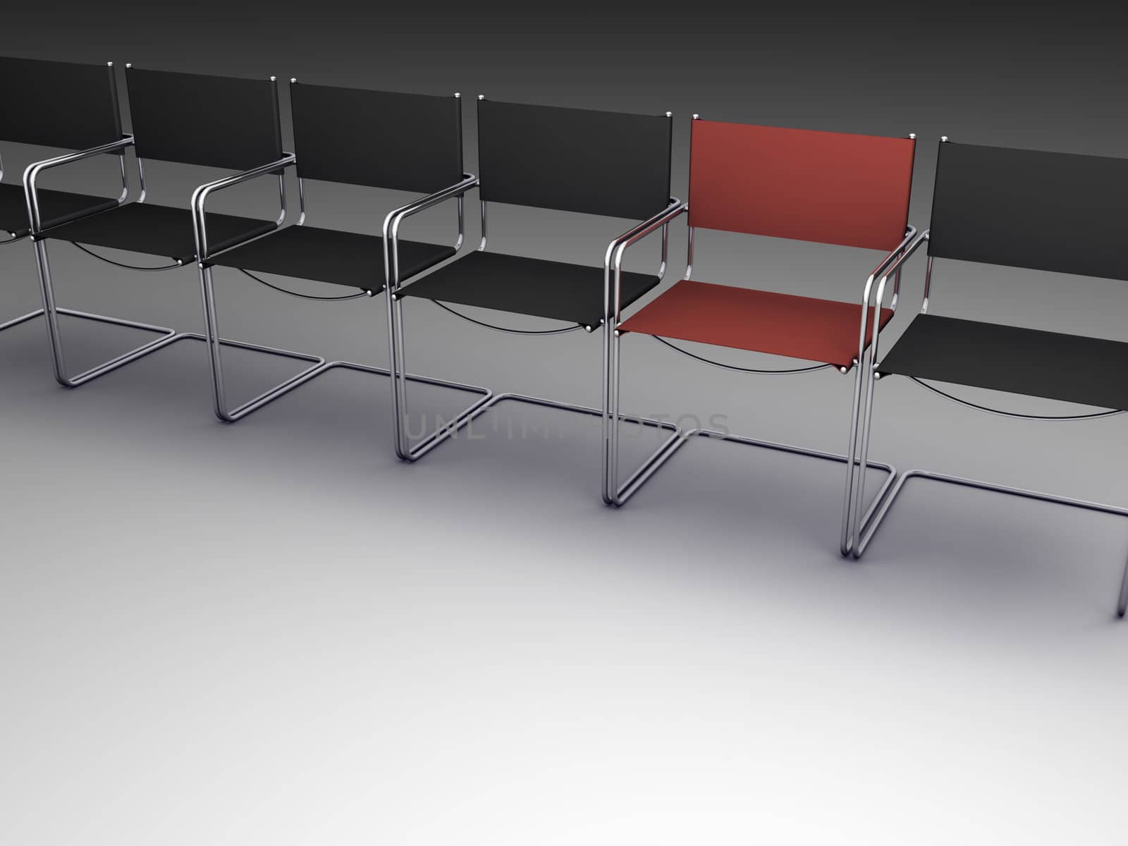 a black and contemporary chairs with one red on grey background