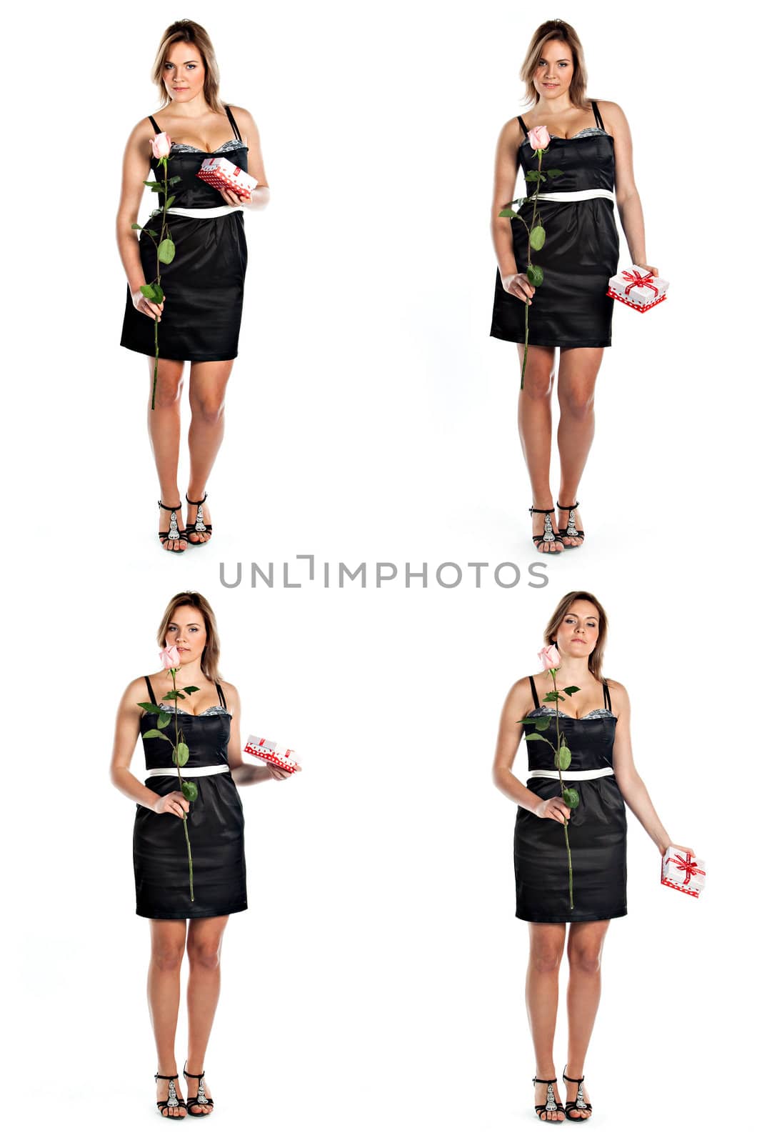 portrait of a young and beautiful girl with a gift and a rose