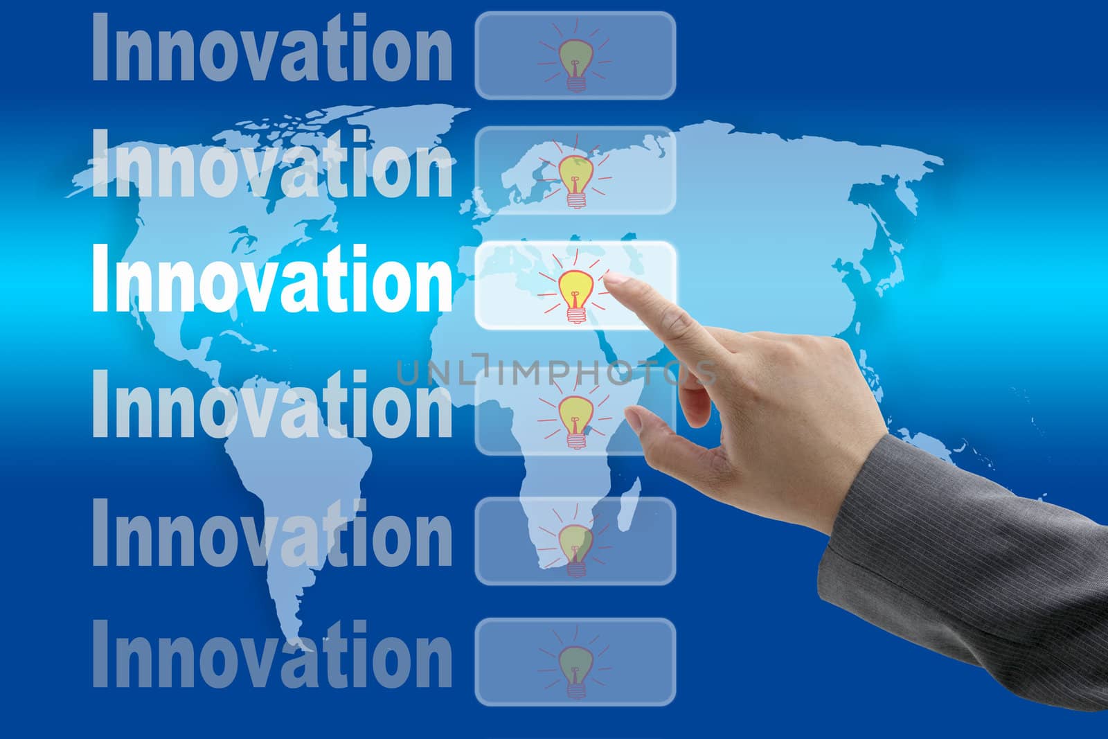 male business hand pushing on Innovation button with world map background