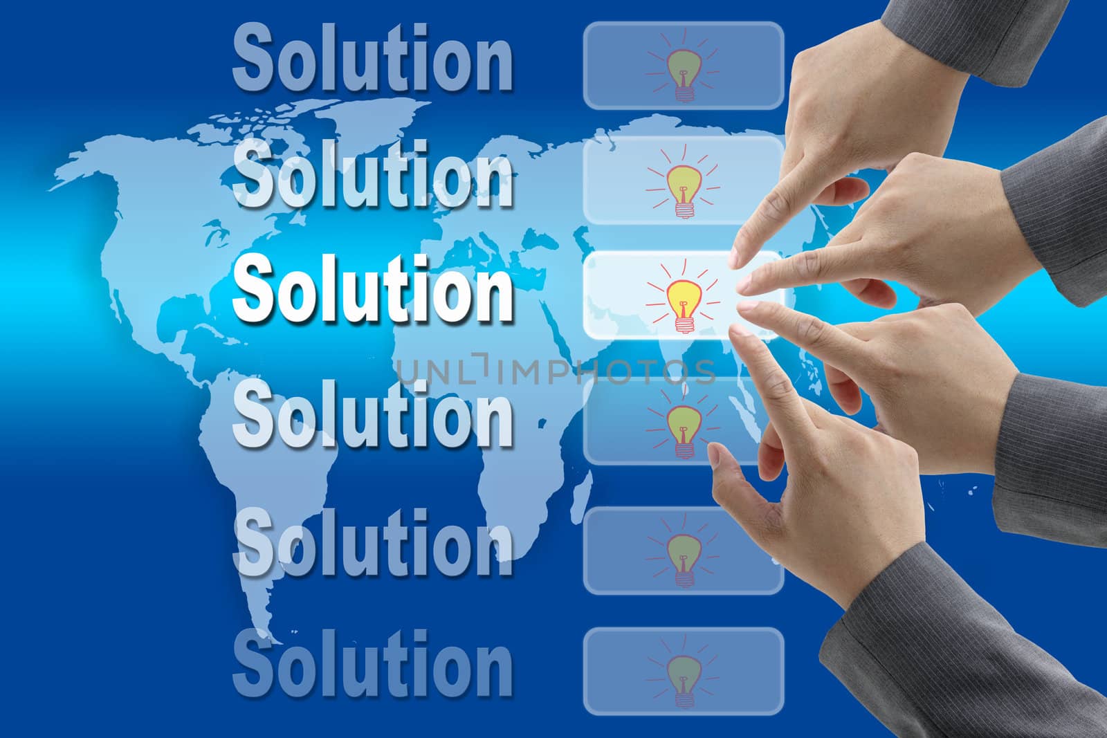 male business hand pushing on Innovation button with world map background