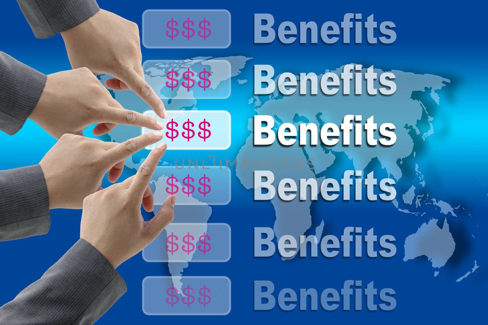 business team pushing on Benefits button with world map background