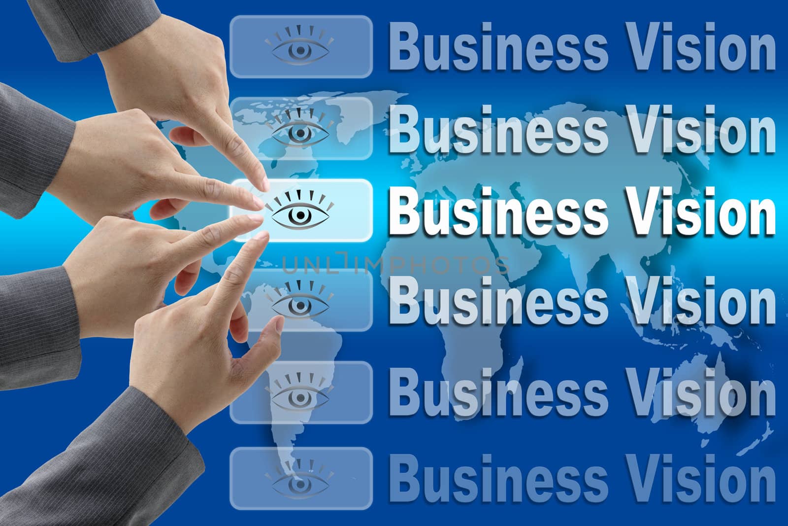 business team pushing on Vision button with world map background