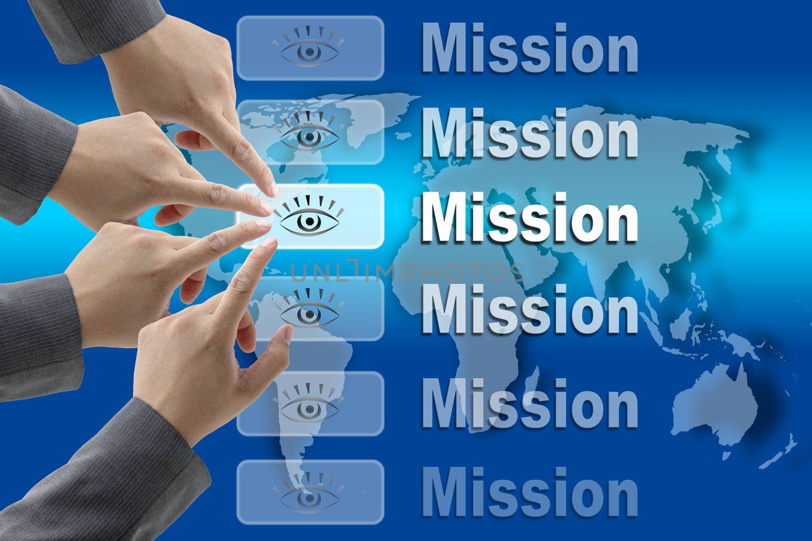 business team pushing on Mission button with world map background