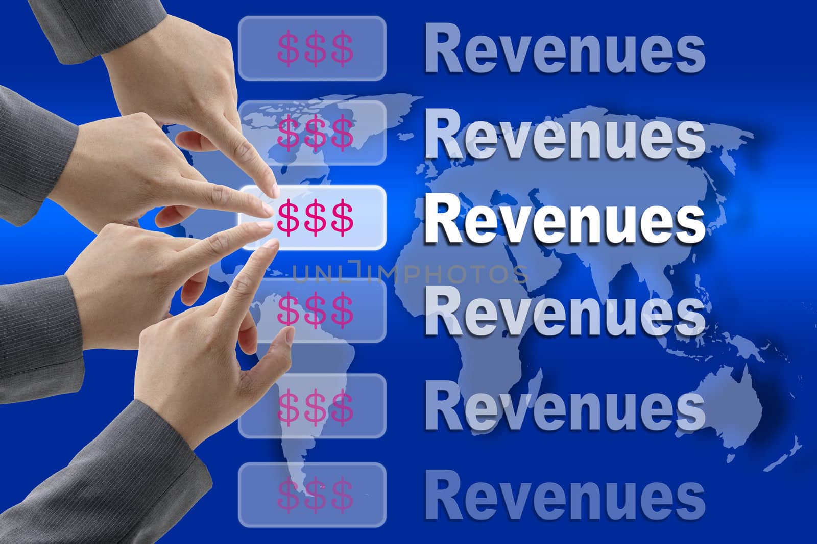 Business Team Pushing on Revenues Button with World Map Background