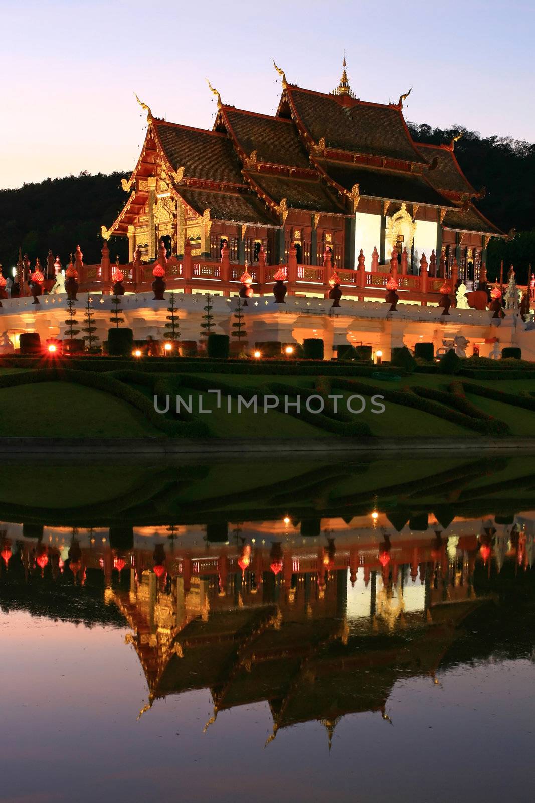 Reflection of Royal Pavilion in dusk, Thai Lanna Temple at Chianmai Northern of Thailand