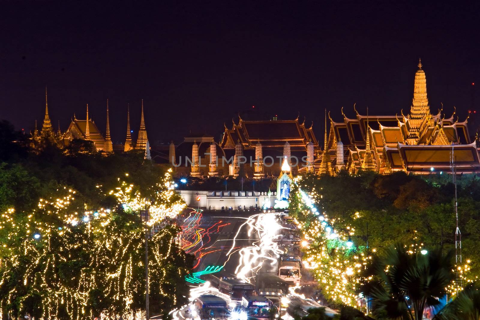 Bangkok Night view of Grand Palace or Wat Phra Keao Temple with light trail in Bangkok Thailand