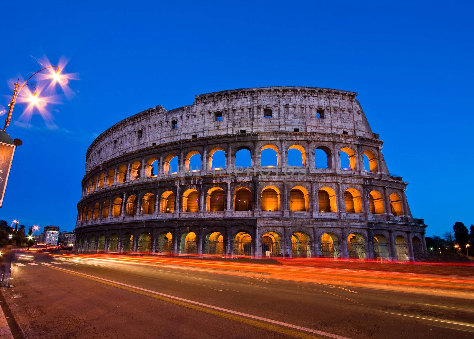 Colosseum at dusk from in front of Metro, Rome Italy
