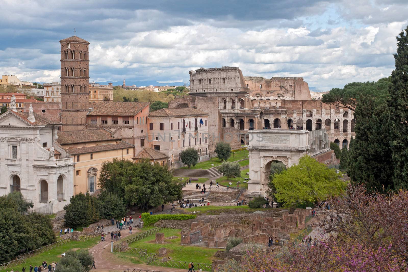 aerial view of Colosseum from roman forum Rome Italy
