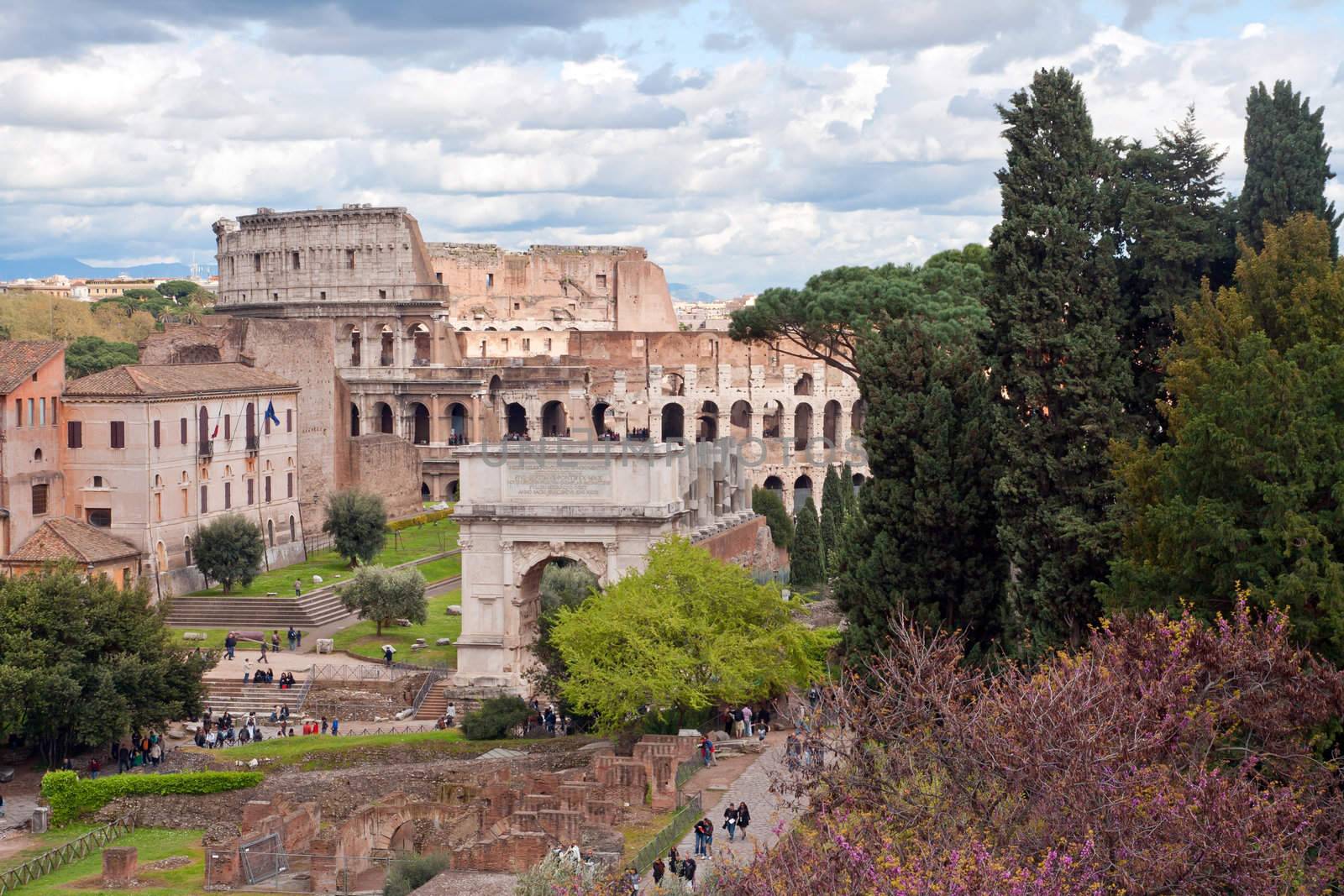 aerial view of Colosseum from roman forum Rome Italy with cloud scape