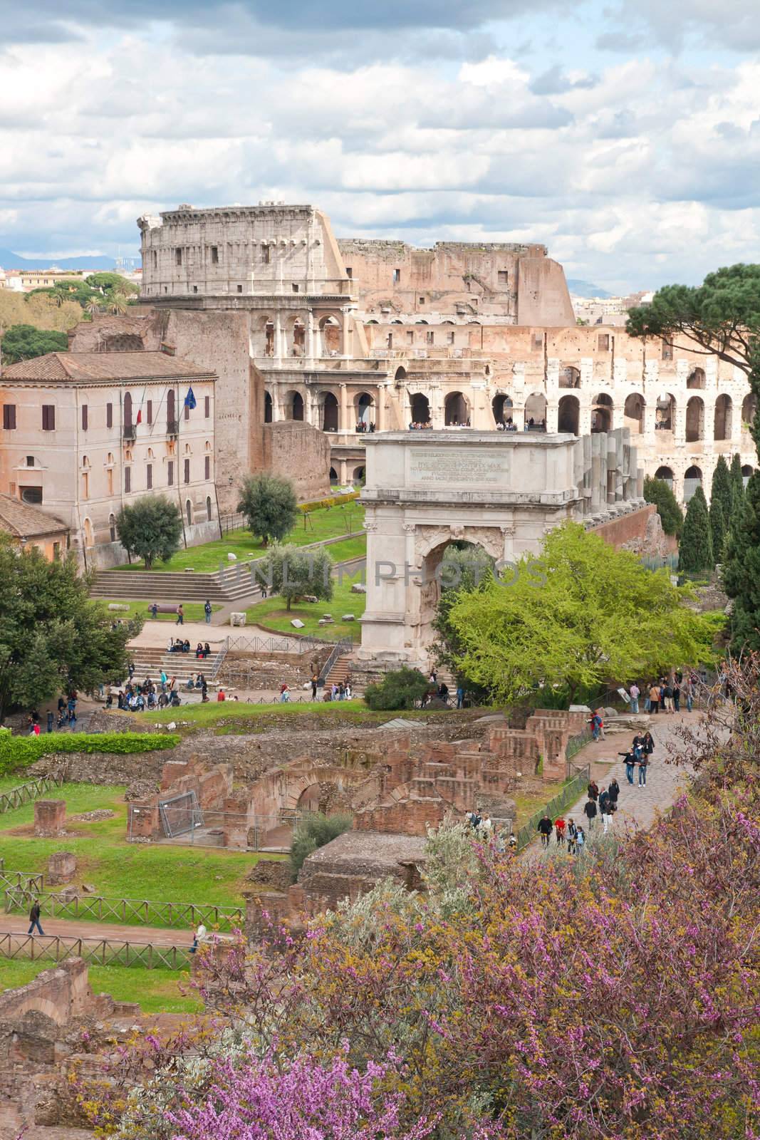 aerial view of Colosseum from roman forum Rome Italy with cloud scape