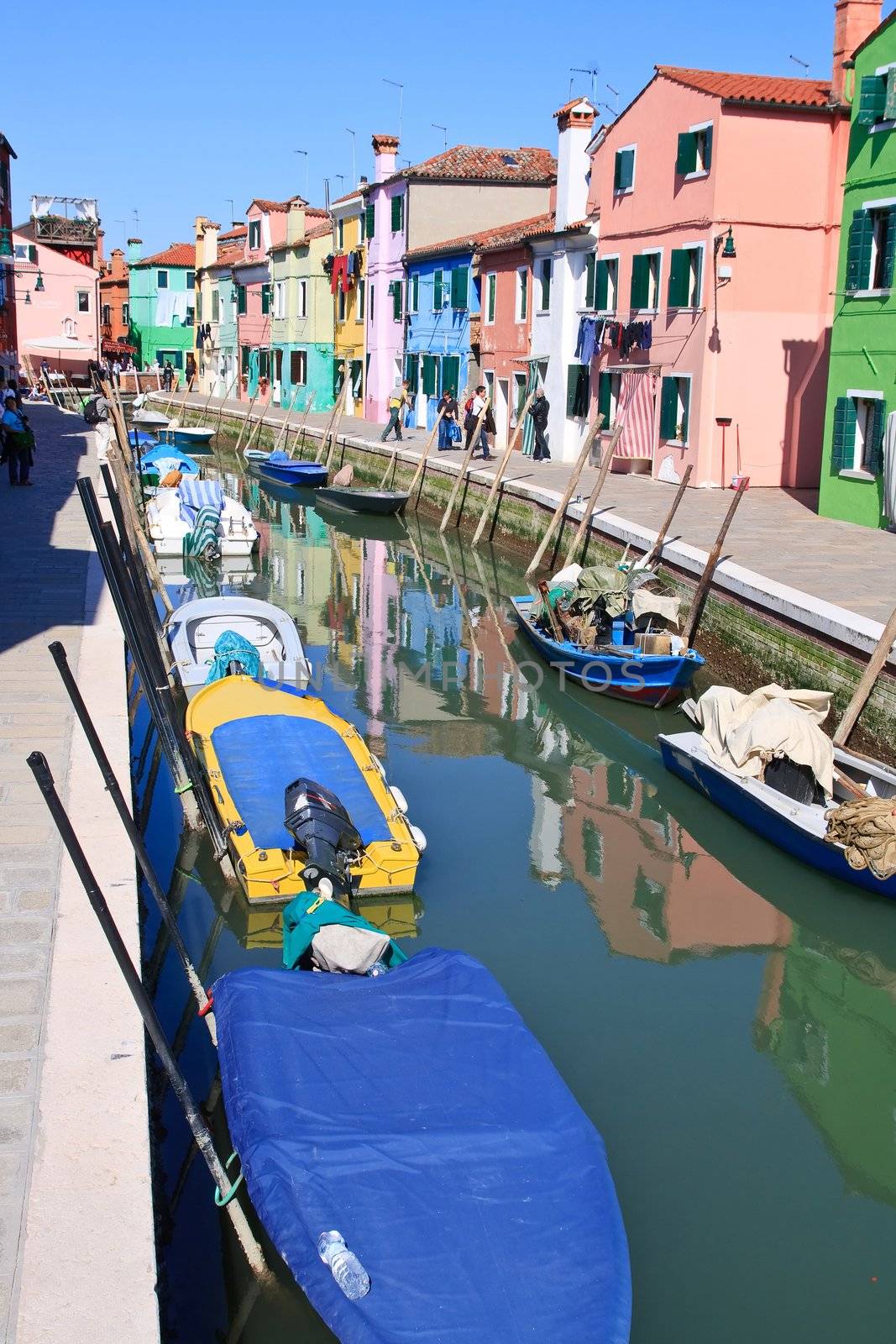 Colorful buildings in main canal Burano island, Venice Italy