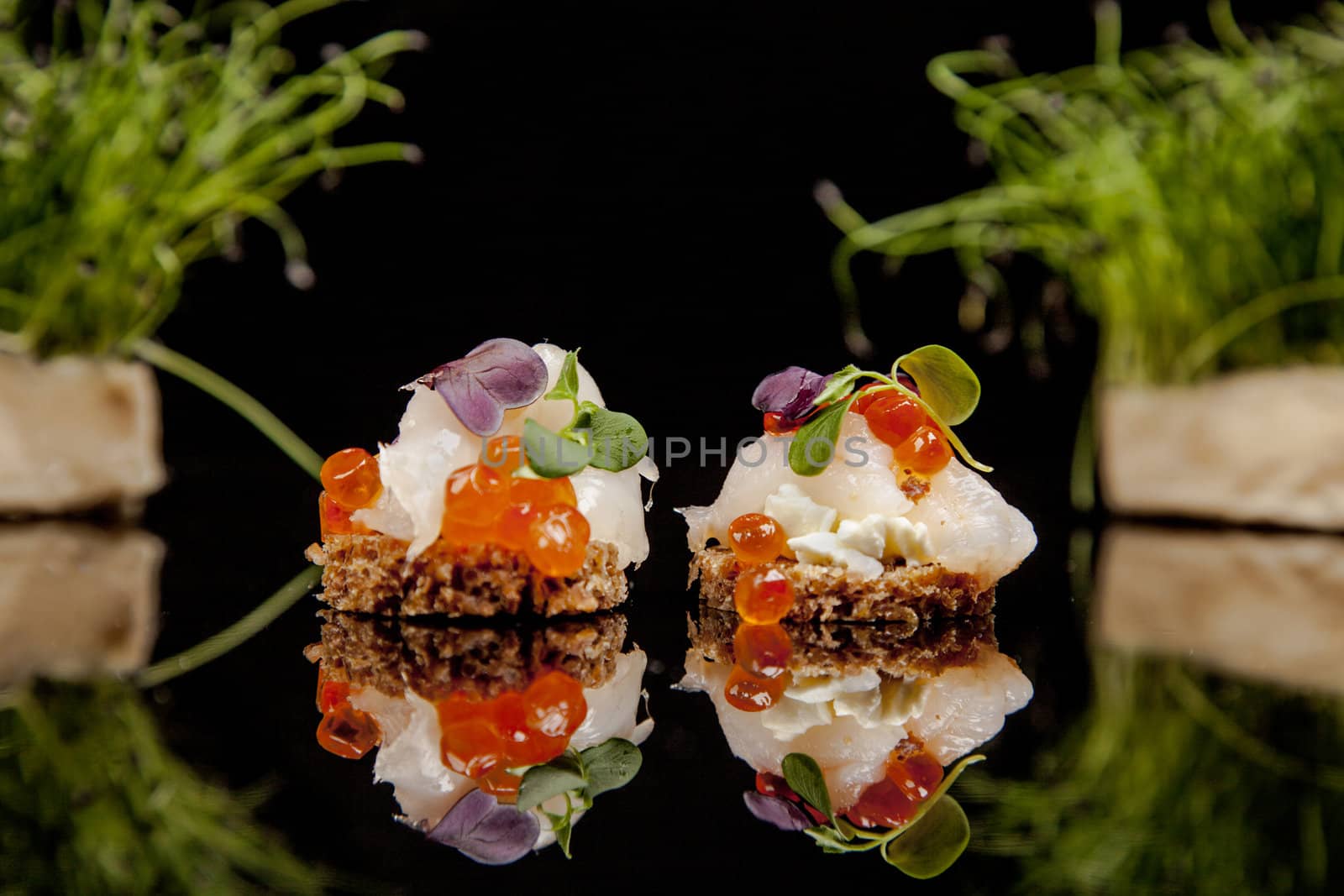 fresh salmon, cheese, and herbs canapes, Japanese meal, healthy food concept