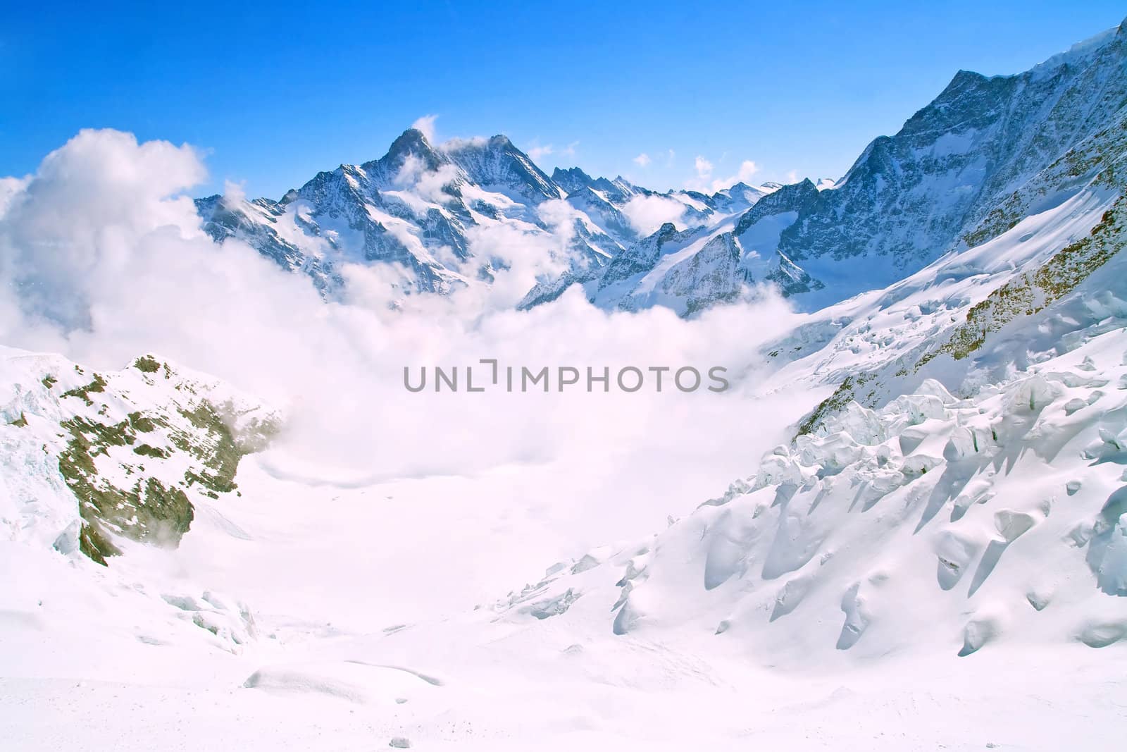 Landscape of Mist at Jungfraujoch, part of Swiss Alpine Alps and ski path at Interlaken Switzerland.