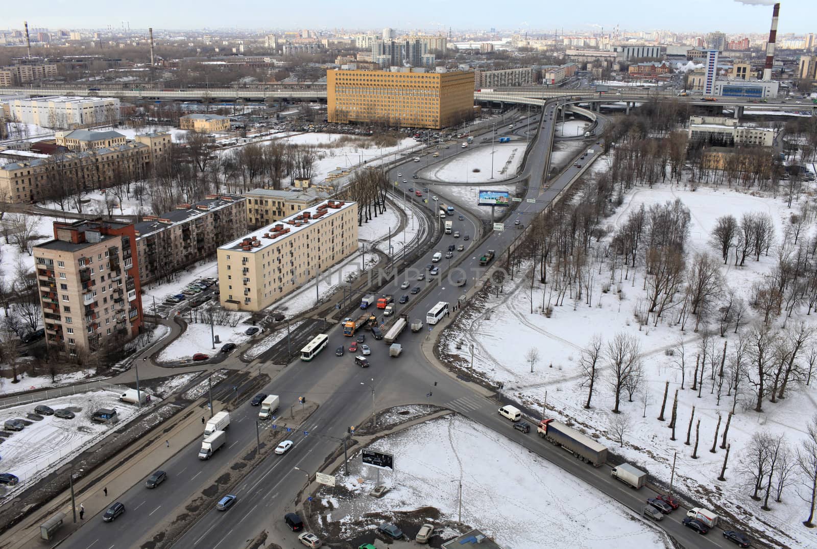 Aerial view of the a large city St. Petersburg  in winter