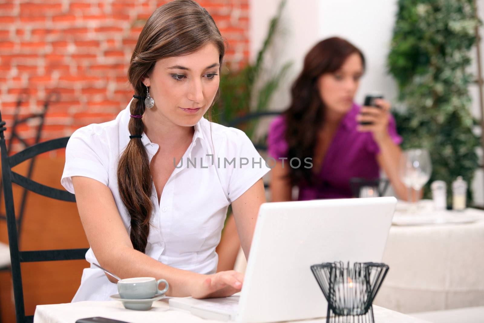 Woman using a laptop computer in a restaurant