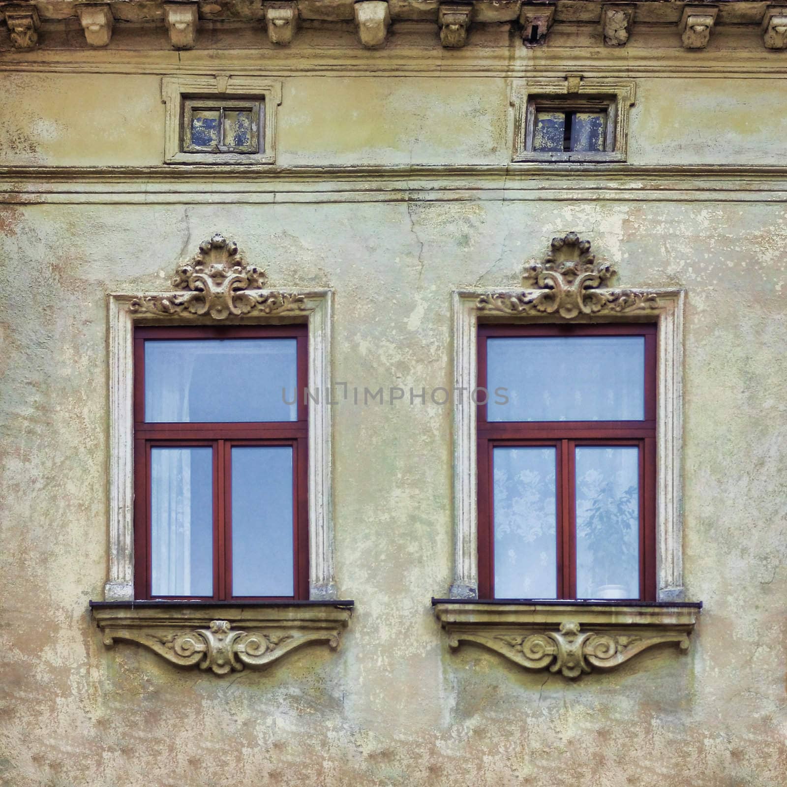 Wooden windows in old building in  Lviv (Ukraine)