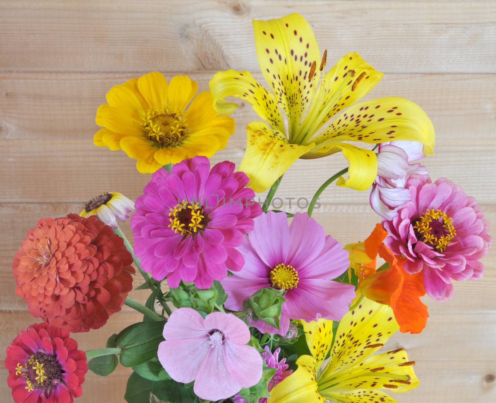 Bouquet of garden flowers against a wooden wall. August, the Central Russia