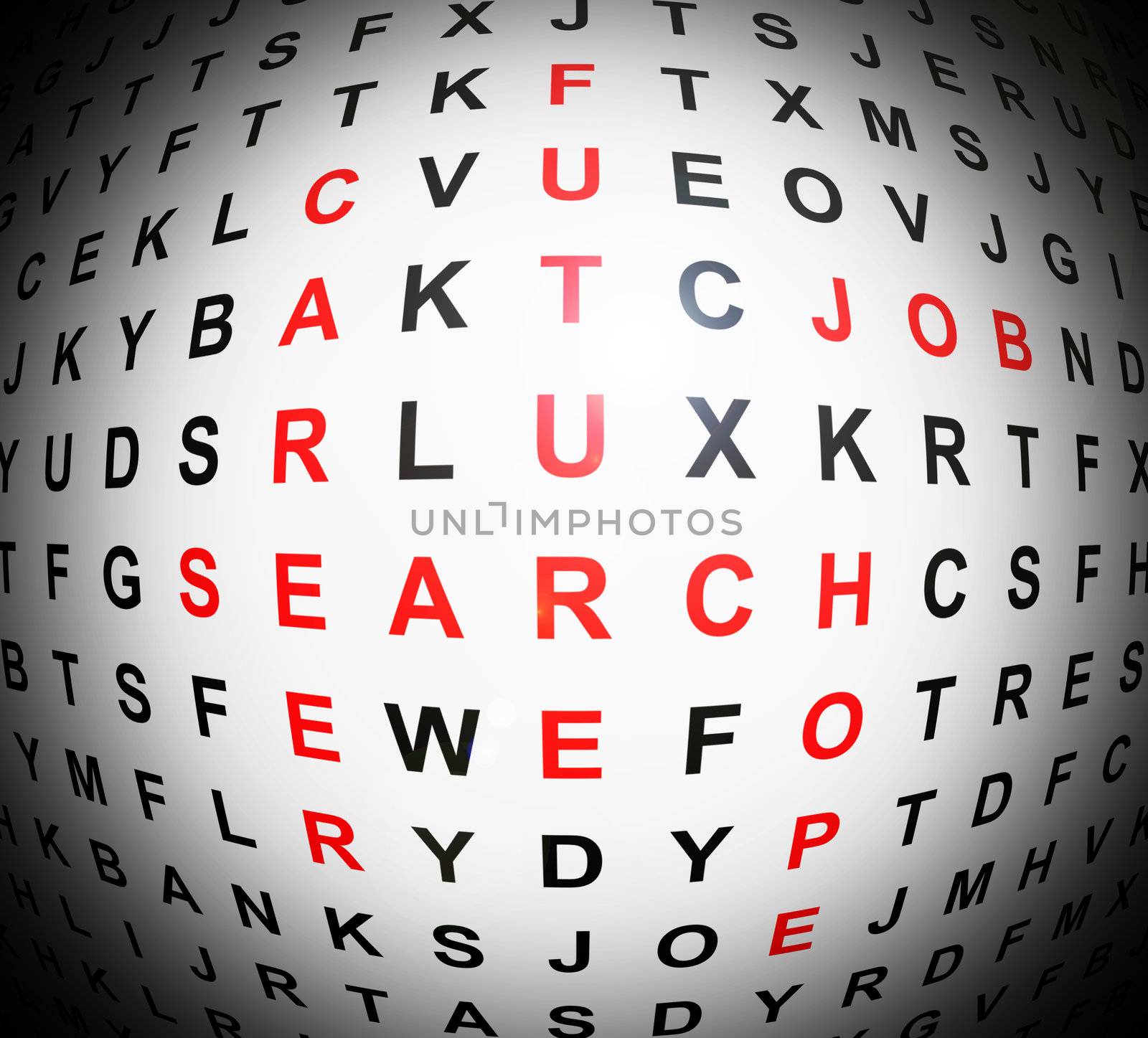 Illustration depicting an abstract wordsearch with centre focus revealing job concept words in red.