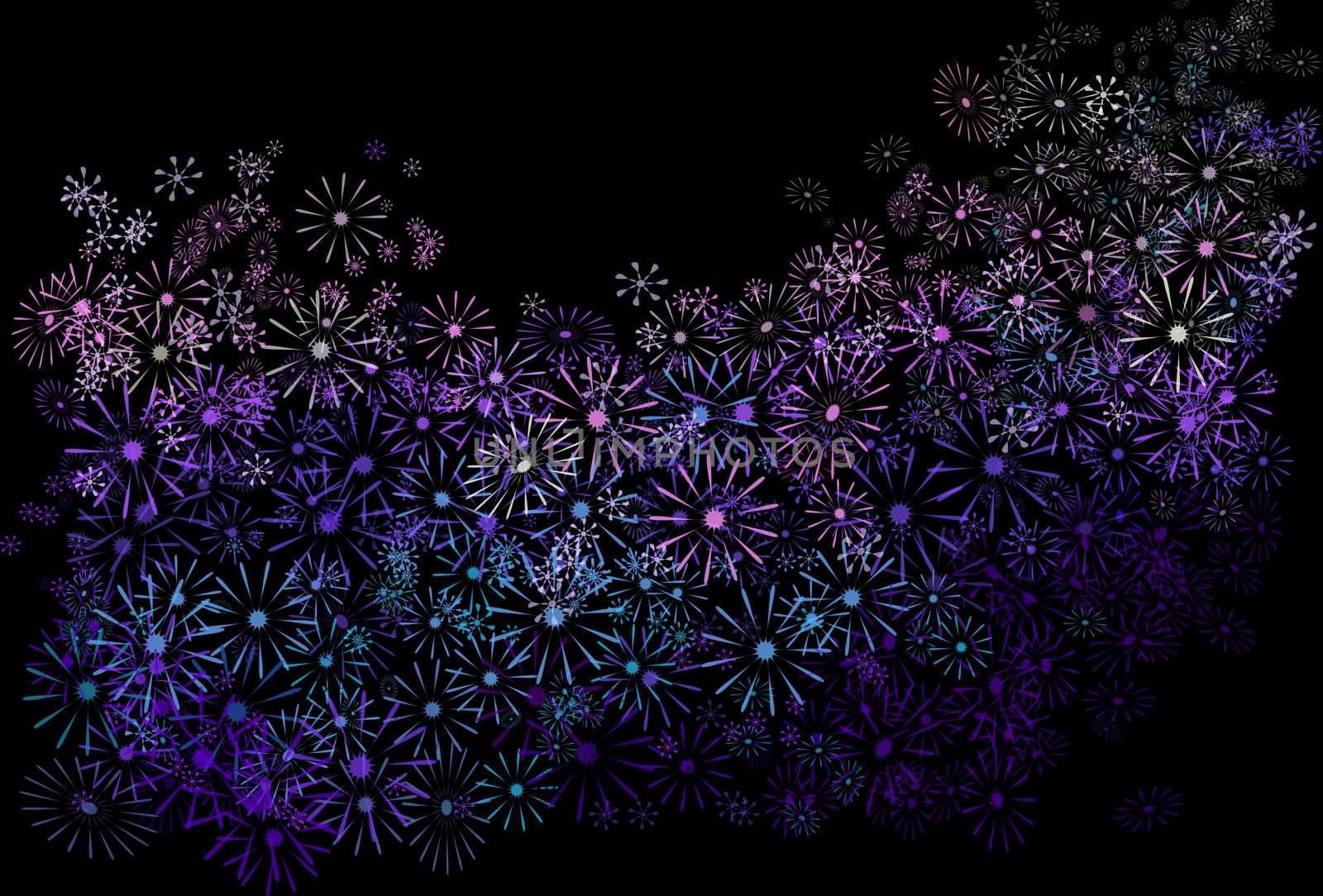Abstract illustration depicting many pale blue, violet and pink flowers against black background.