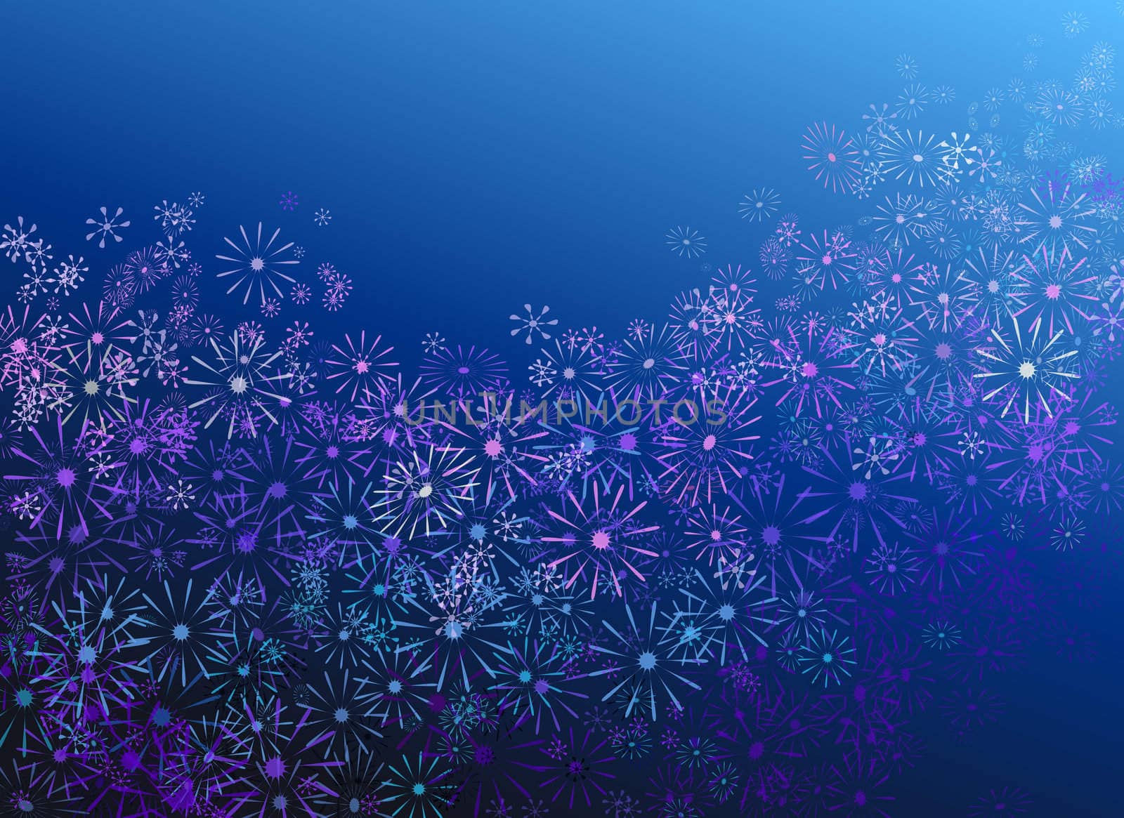 Abstract illustration depicting many pale pastel colour flowers against blue background.
