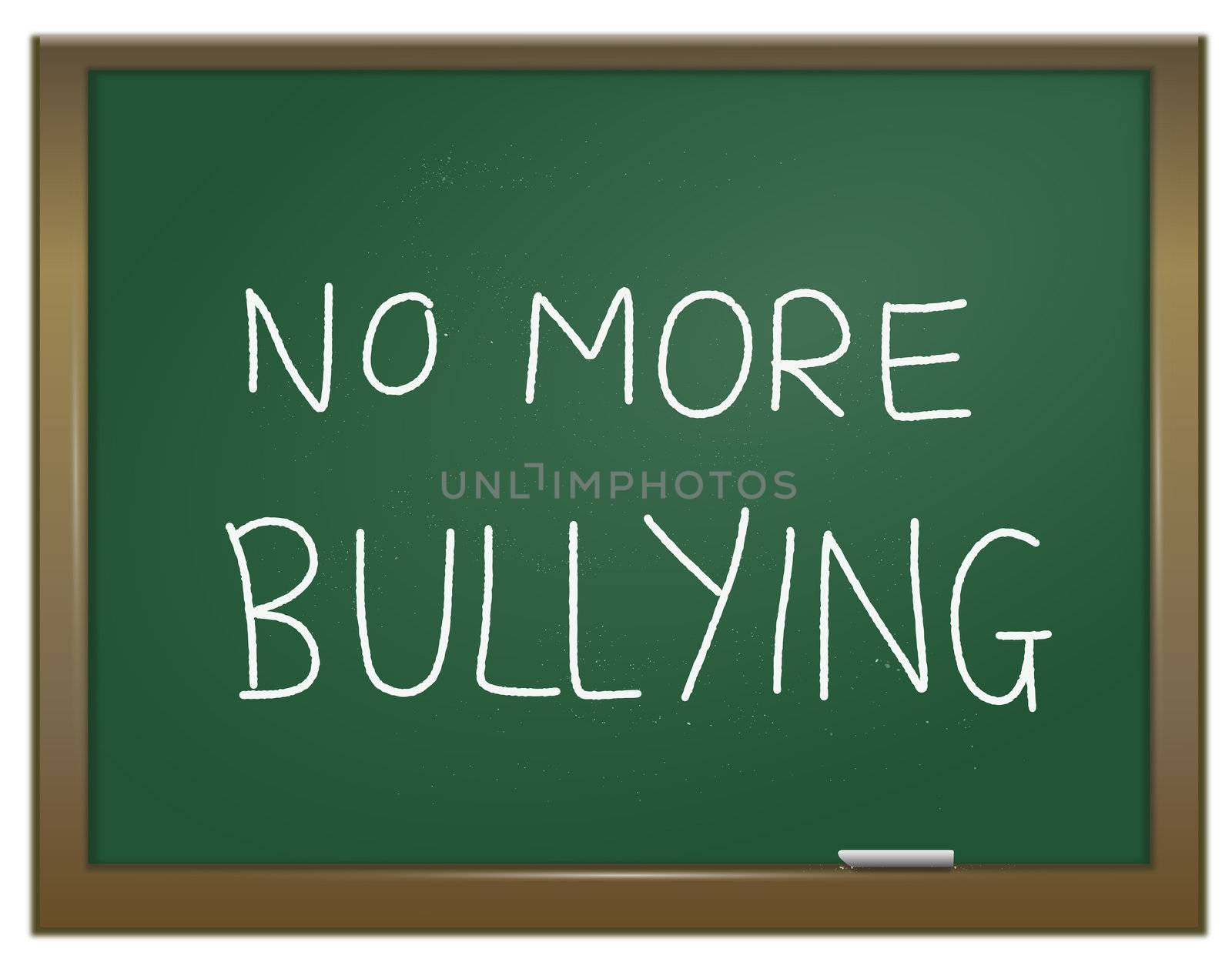 Illustration depicting a green chalk board with the words 'no more bullying' written on it in white chalk.