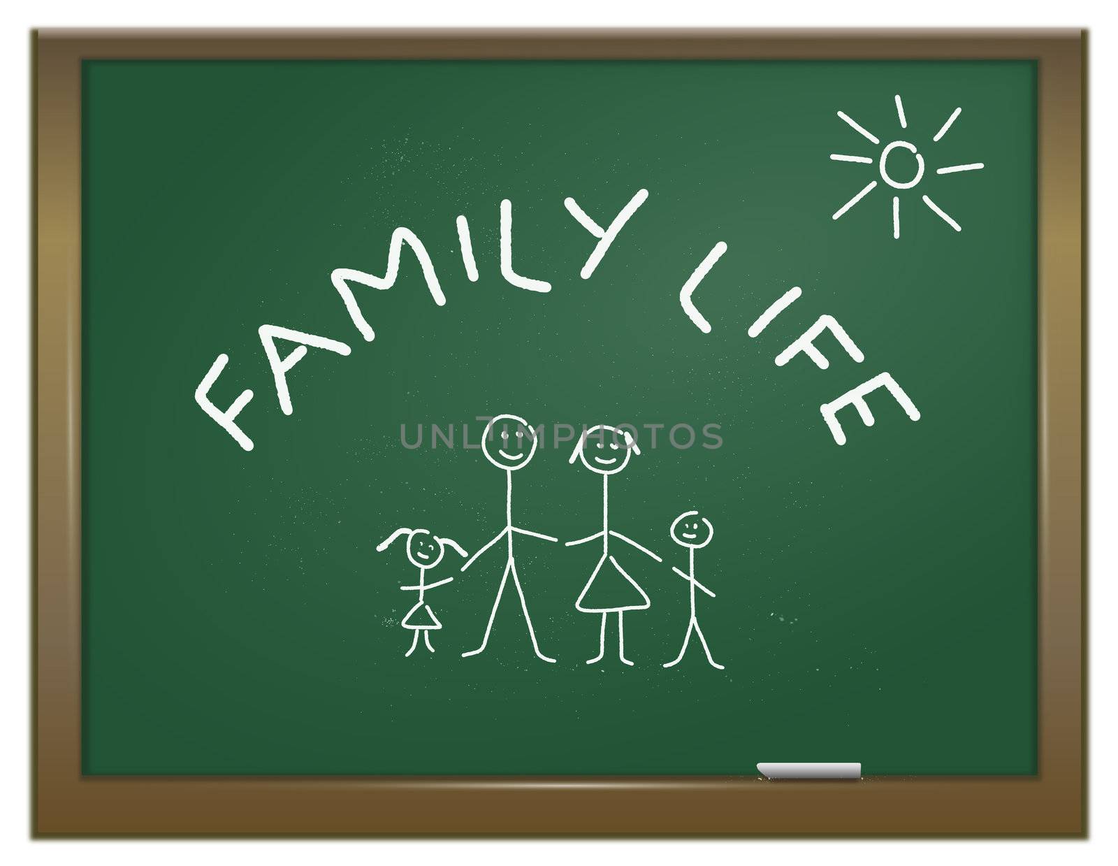Illustration depicting a green chalk board with a family concept written on it in white chalk.
