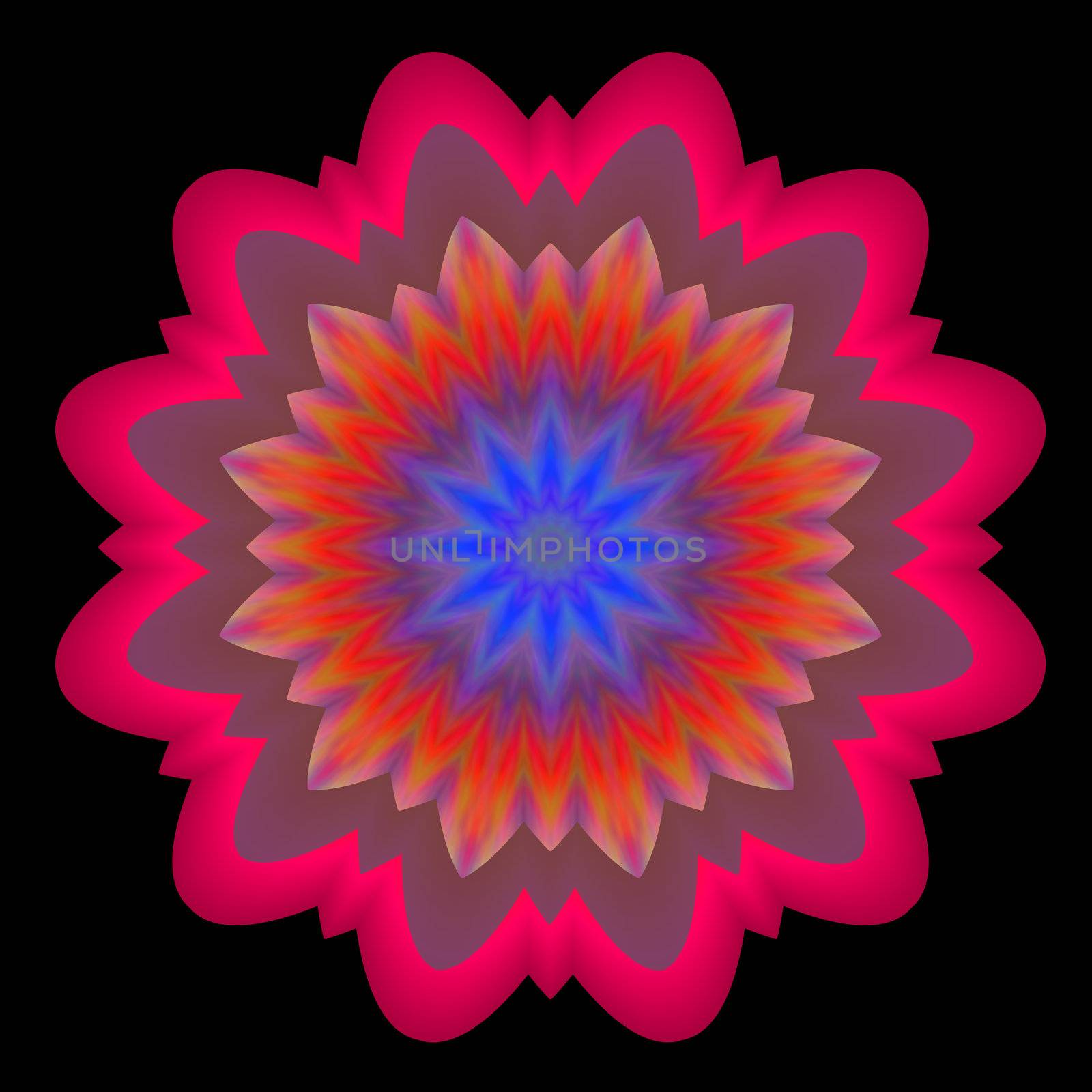 A mandala shaped abstract illustration with a starburst central motif. It is done in orange and blue and floats on a black background. 