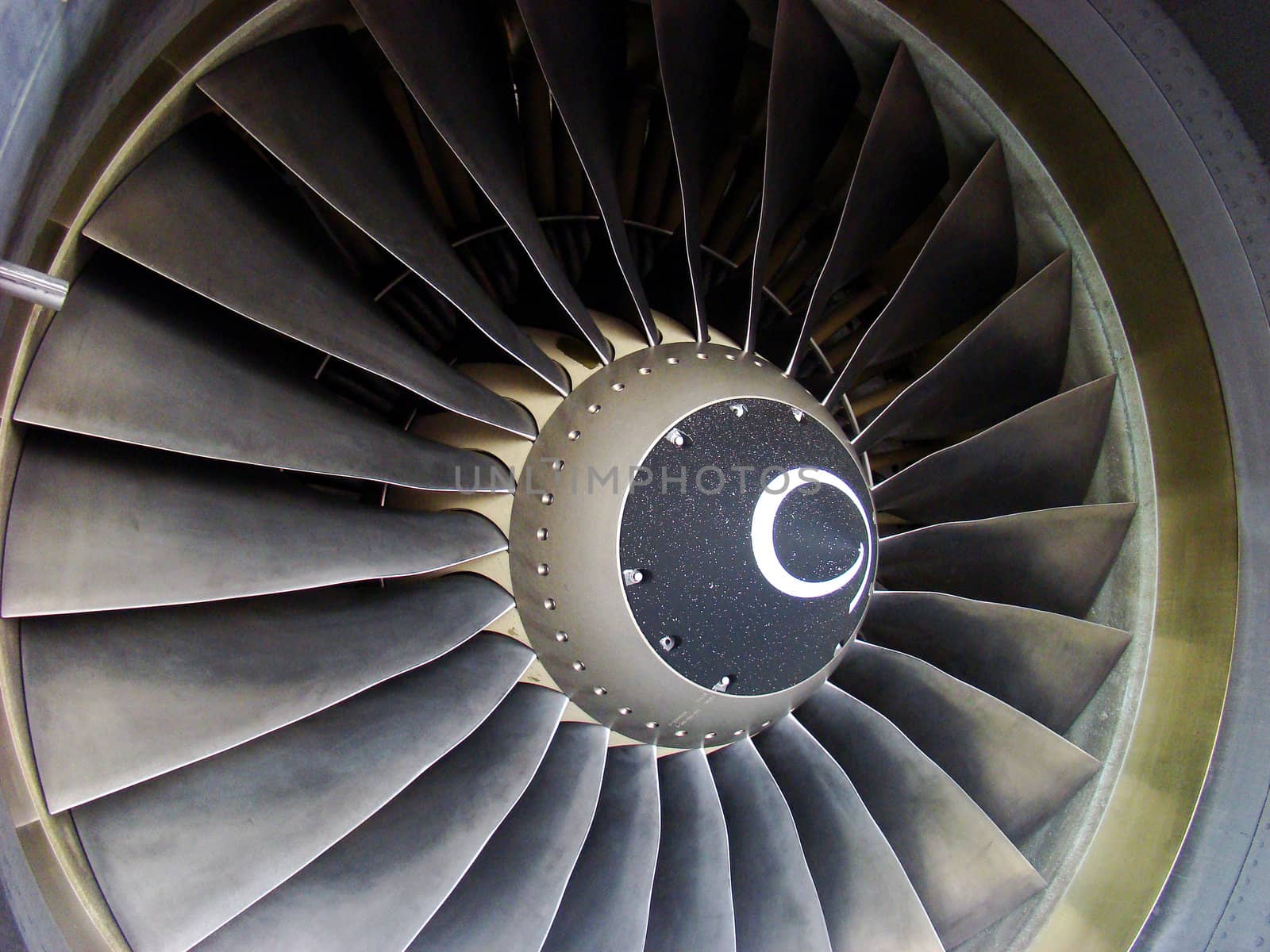 Close-up of a turbofan jet engine.