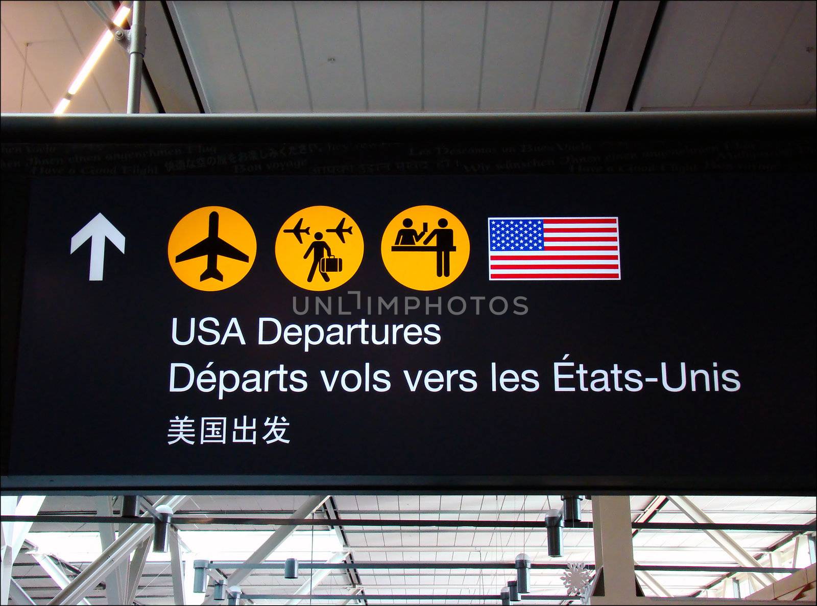 USA departures sign at Canadian International Airport.