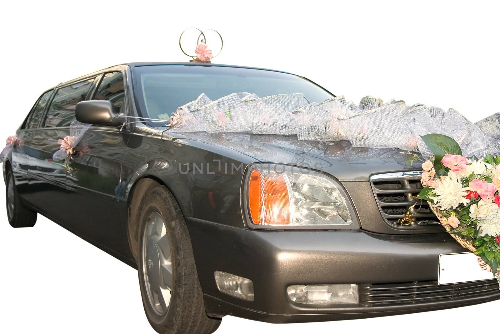 The decorated wedding limousine on a white background