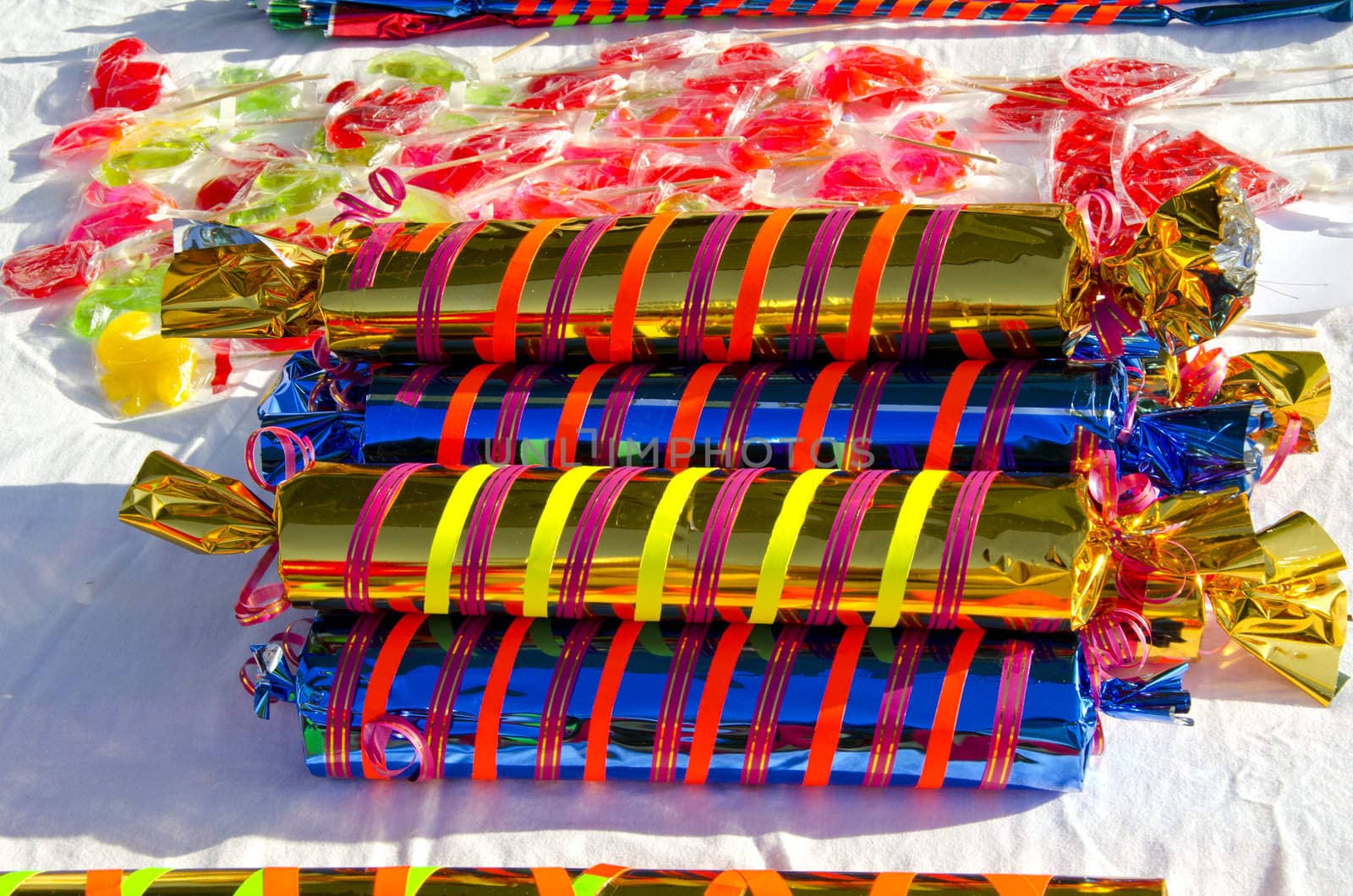 Closeup colorful candy sold street fair trade by sauletas