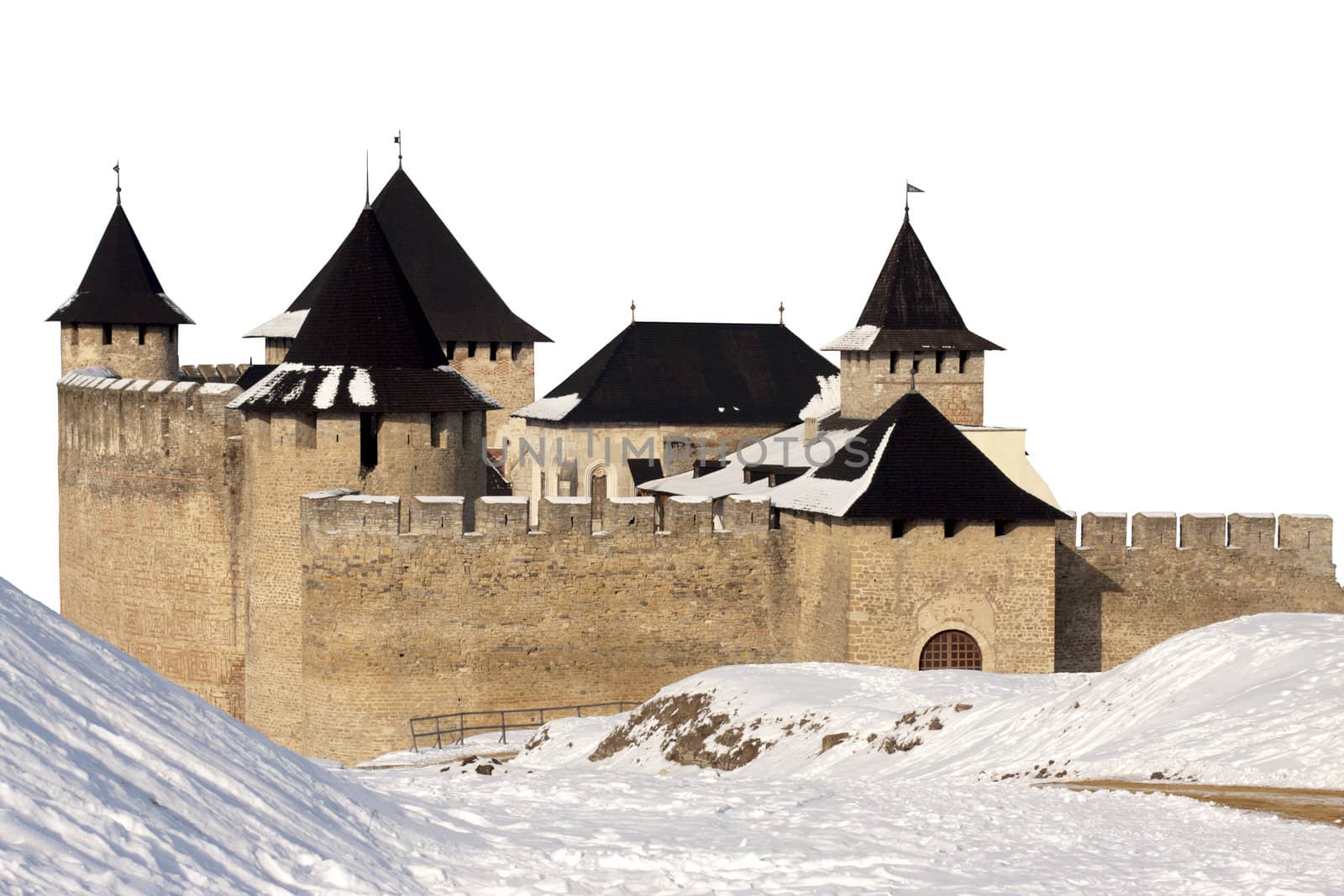 Castle in the winter on a white background